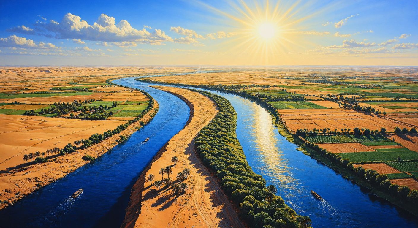 A winding blue Nile River splits a golden desert landscape into two distinct regions—lush green delta fields on one side and fertile valley farmland on the other, under a bright sun.