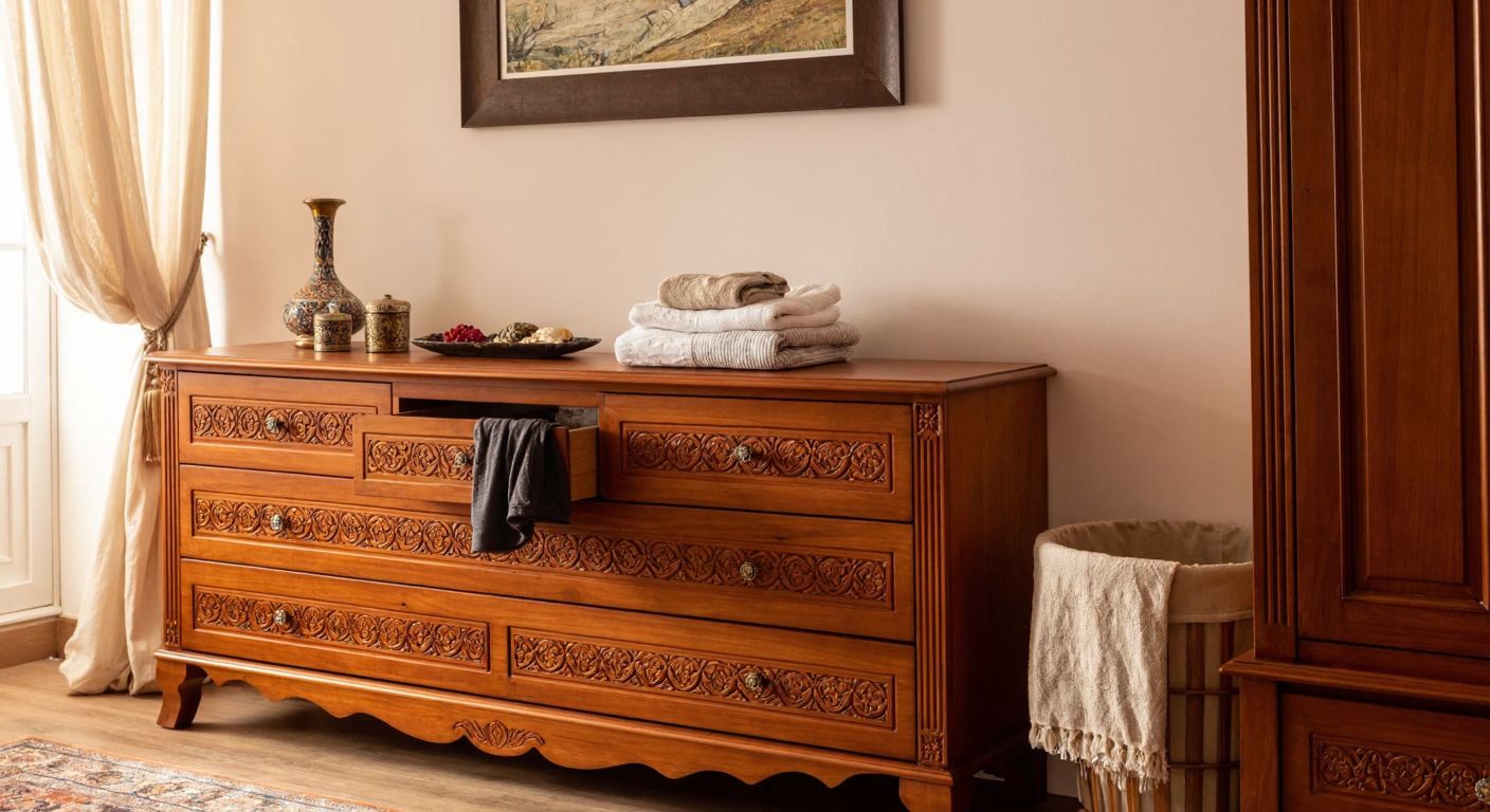 A warm, well-lit Turkish bedroom with a polished wooden dresser adorned with intricate carvings, neatly storing folded clothes and small decorative items, blending functionality with traditional craftsmanship.