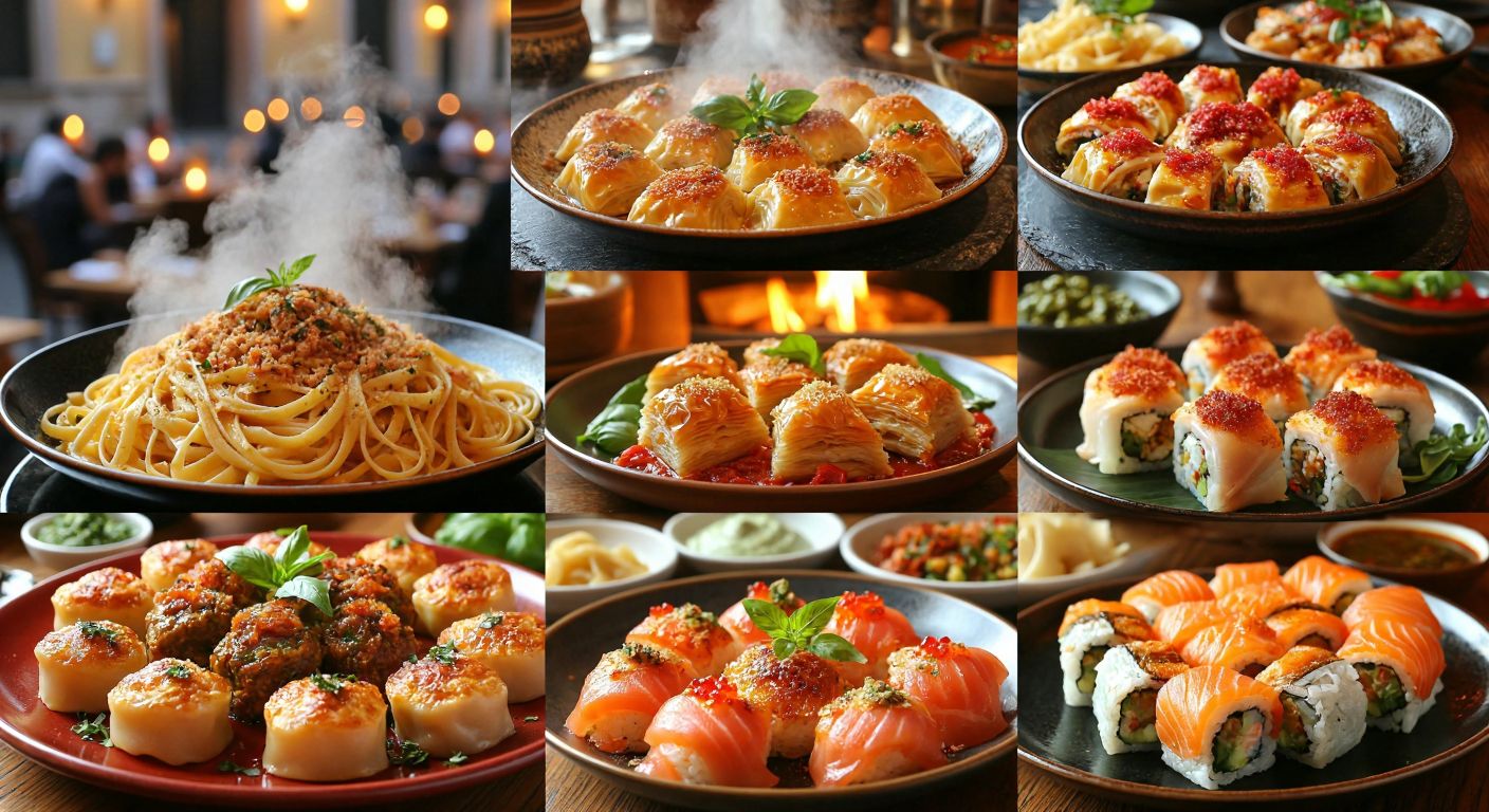 A vibrant collage of steaming Italian pasta in Rome, a golden Turkish baklava in Gaziantep, and delicate sushi in Tokyo, each dish glowing under warm, inviting light.