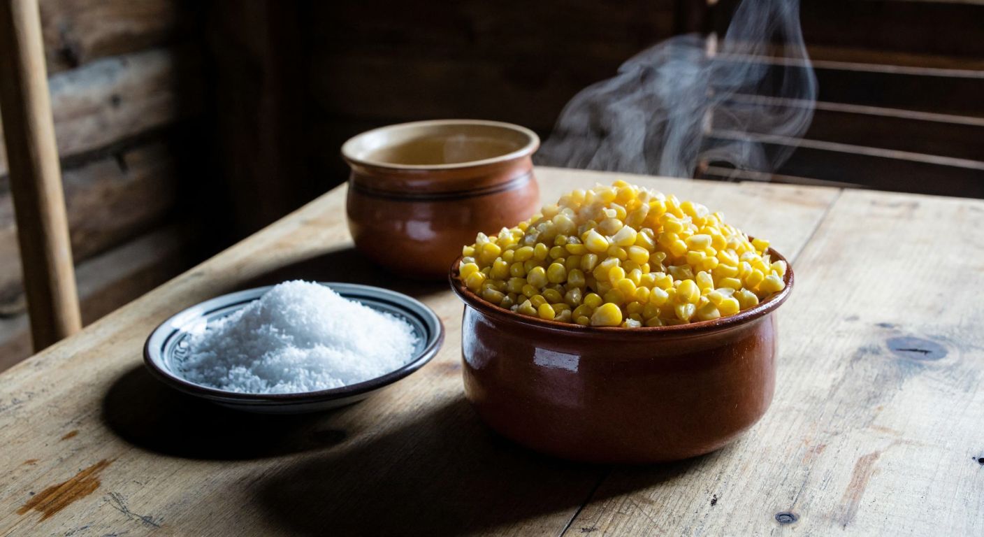 A rustic wooden table in a cozy Black Sea village home, with a steaming bowl of boiled yellow corn kernels ("koliva") beside a small plate of salt, evoking warmth and regional tradition.