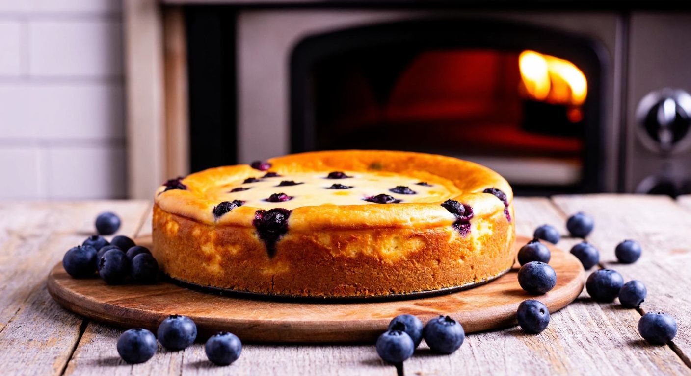 A golden-brown blueberry cheesecake sits on a rustic wooden table in a cozy Turkish kitchen, with fresh blueberries scattered around and a warm oven light glowing in the background.