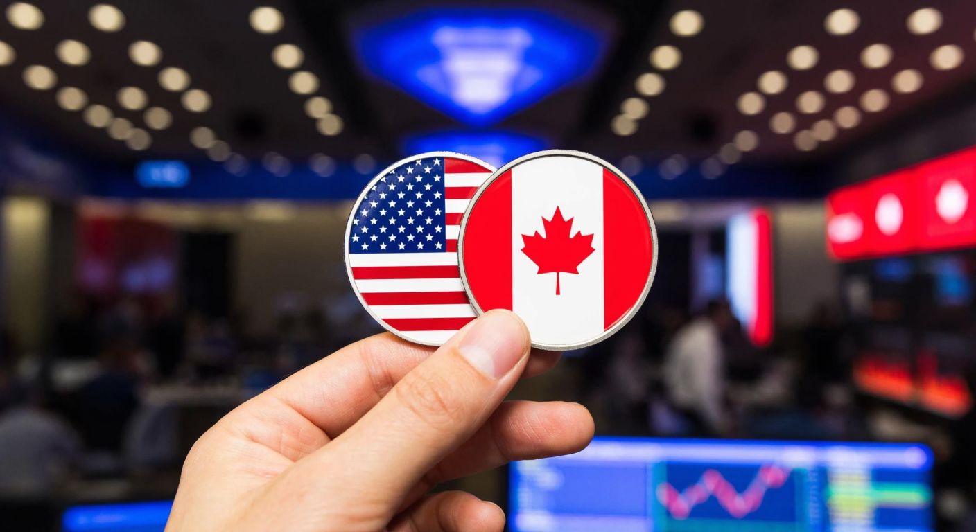 A hand holding two overlapping coins—one with the American flag and the other with the Canadian flag—against a blurred background of a bustling forex trading floor.