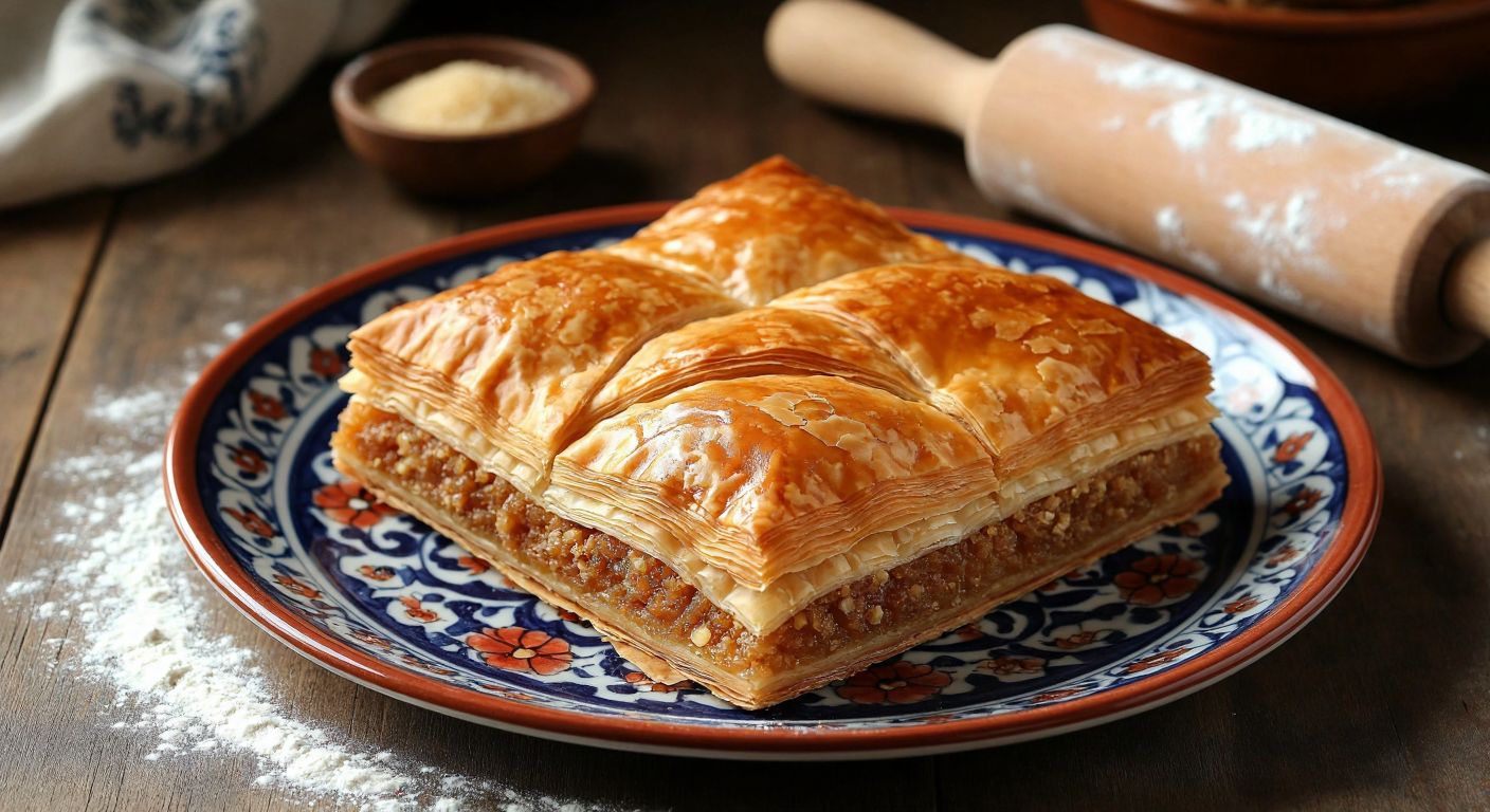A golden, crumbly baklava pastry layered with thin sheets of dough, glistening with margarine, placed on a traditional Turkish ceramic plate beside a rolling pin dusted with flour.