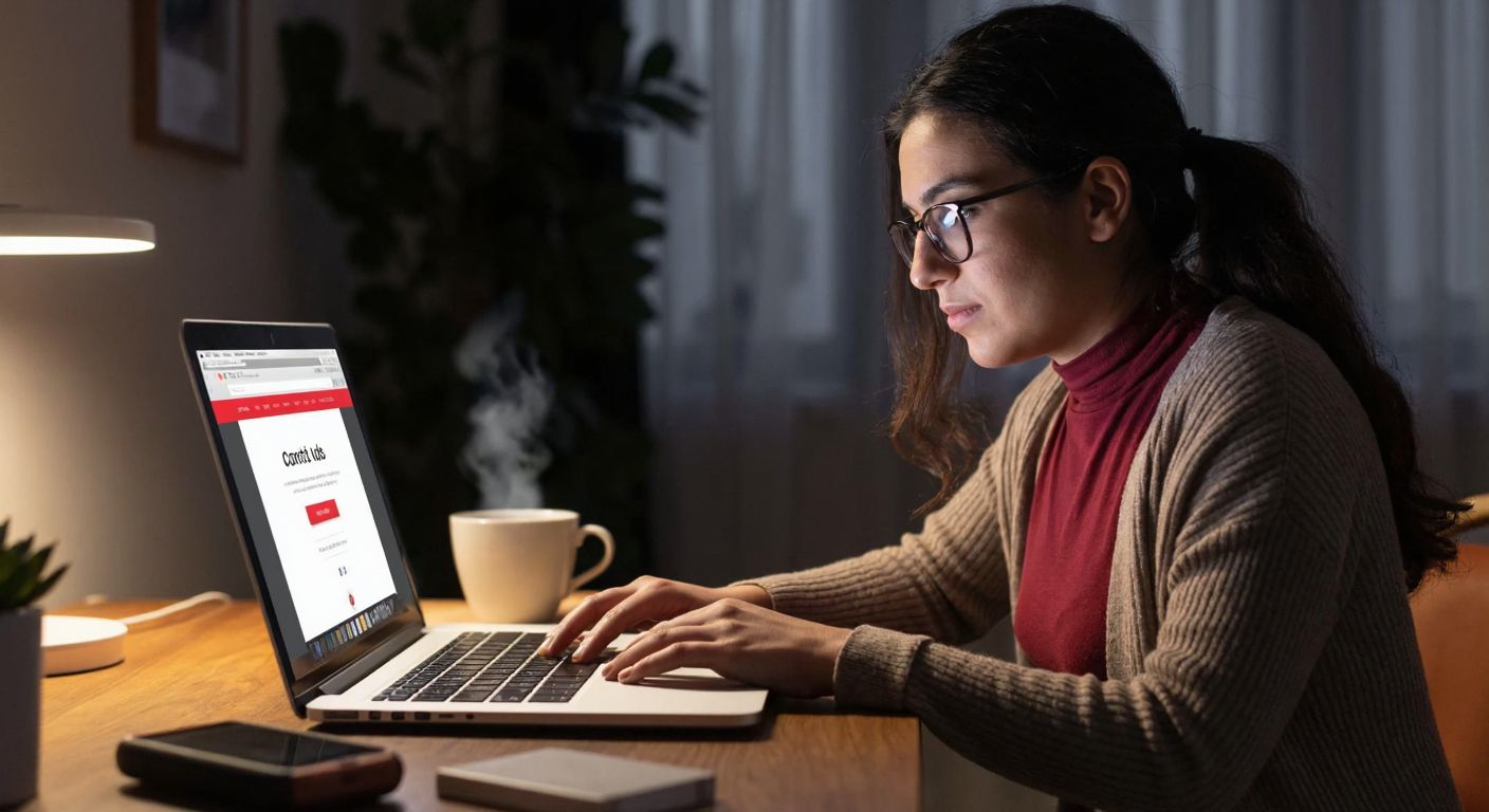 A focused Turkish woman in a cozy home office, wearing glasses and typing on a laptop with a steaming cup of çay beside her, while a "Contact Us" webpage is visible on her screen.