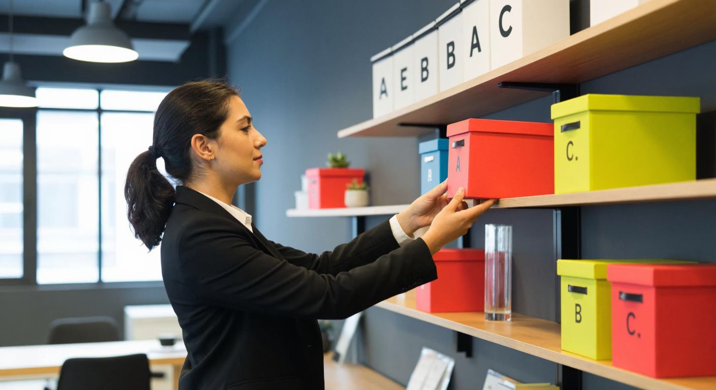 A Turkish businessperson in a modern office confidently organizing colorful inventory boxes labeled A, B, and C on shelves, with a focused expression and a chart in the background showing prioritized categories.