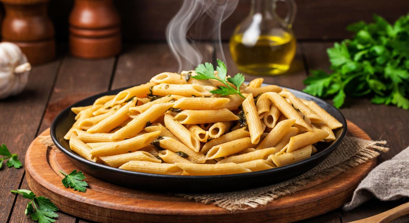 A rustic wooden table in a Turkish kitchen holds a steaming plate of golden-brown penne pasta made from organic wheat, surrounded by fresh herbs and a drizzle of olive oil, evoking warmth and wholesome nourishment.