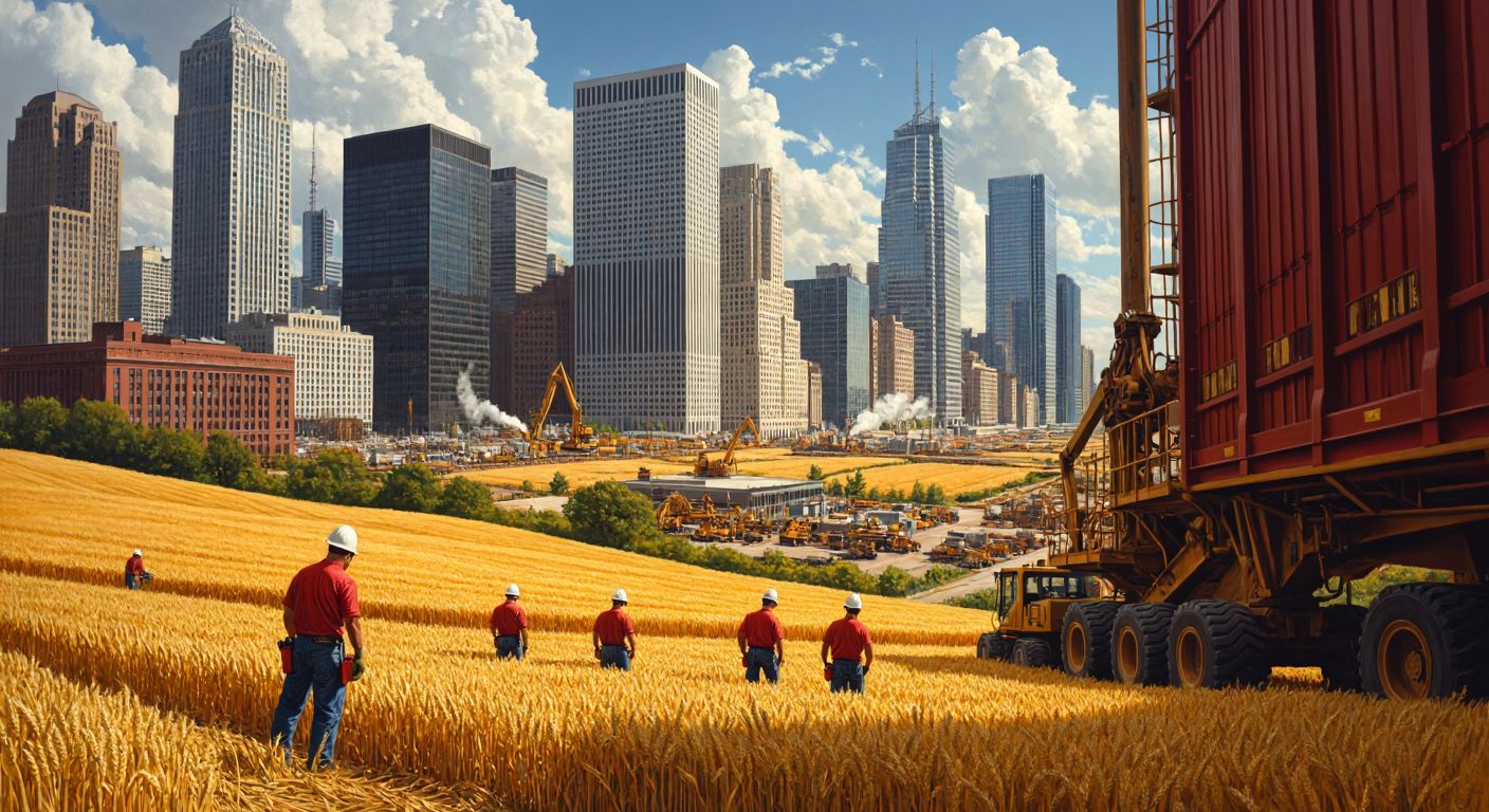 A vast American landscape with golden wheat fields stretching to modern city skyscrapers, workers in hard hats operating machinery, and a bustling stock exchange floor, all under a bright sky.