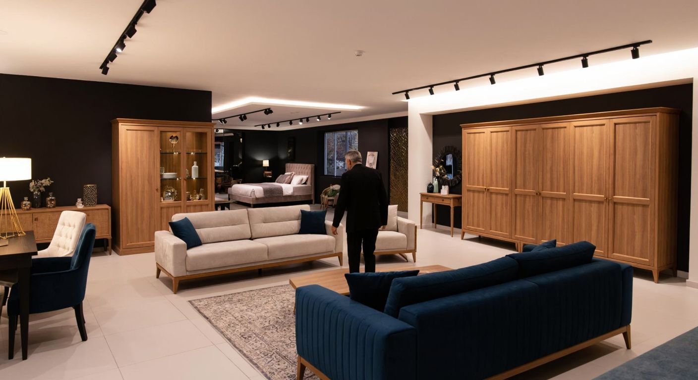 A modern furniture showroom in Istanbul’s Erenköy district, displaying elegant wooden cabinets and upholstered sofas under warm lighting, with a well-dressed salesperson assisting a customer.