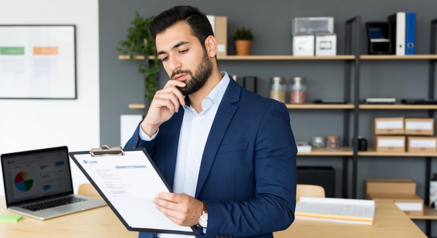 A focused Turkish businessperson in a modern office, thoughtfully reviewing documents with a checklist in hand, surrounded by shelves of neatly organized supplies and a laptop displaying supplier options.
