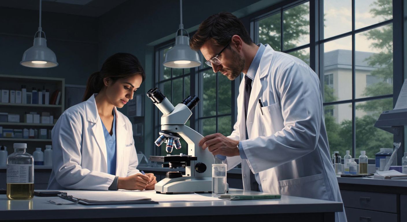A confident doctor in a white coat examines a patient in a bright clinic, while a focused researcher in a lab coat peers through a microscope in a quiet university laboratory.
