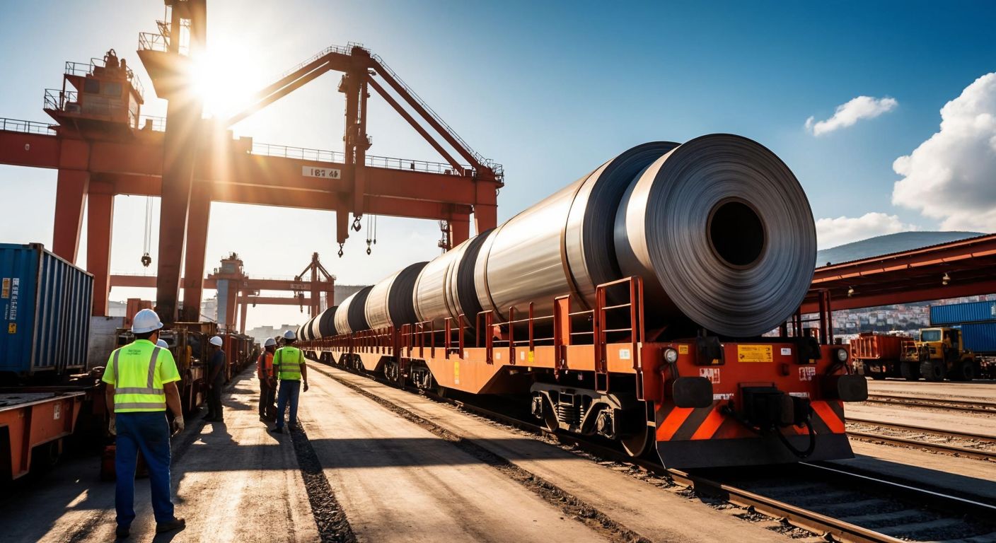 A freight train loaded with steel coils and industrial machinery moves through a bustling Turkish port, with workers in hard hats overseeing the shipment under a bright sun.