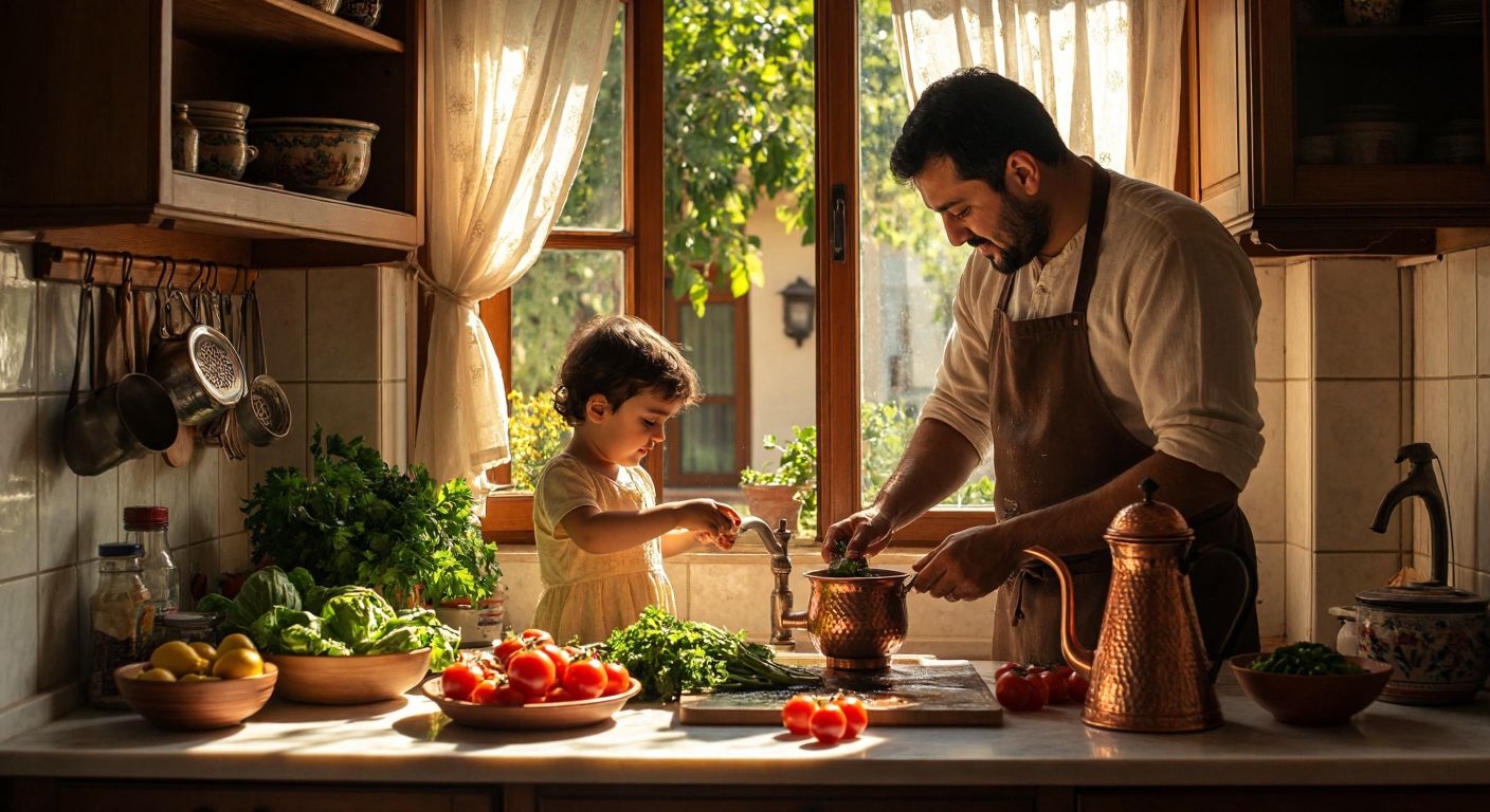 A Turkish family in a sunlit kitchen, with a father gently turning off a dripping faucet while his young child watches attentively, surrounded by fresh vegetables and a traditional copper water pitcher on the counter.