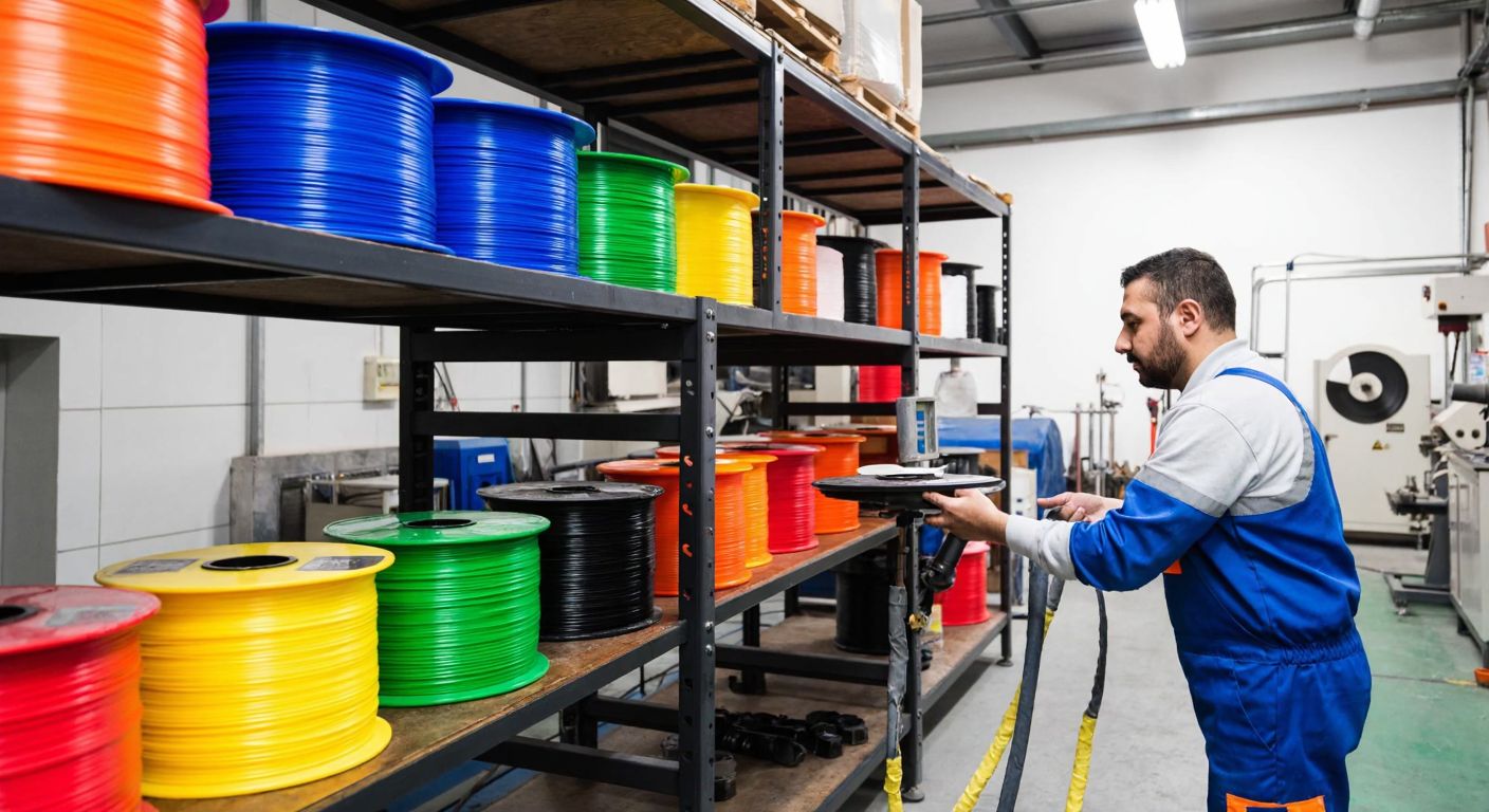 A modern industrial workshop in Istanbul with colorful plastic filament spools neatly arranged on shelves, a Turkish man in workwear inspecting a freshly extruded filament strand, and machinery humming in the background.