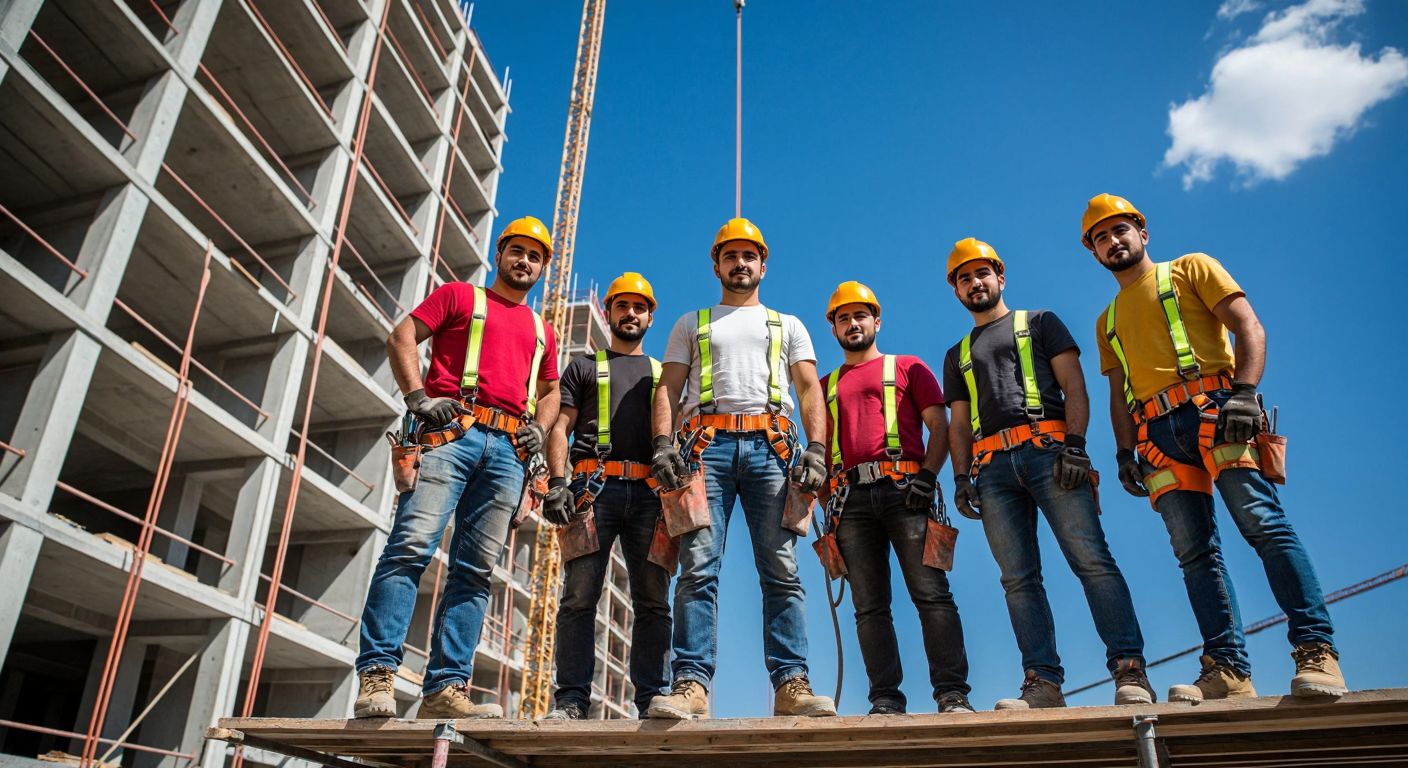 A group of Turkish construction workers in hard hats and safety harnesses stand confidently on scaffolding against a backdrop of a half-built apartment complex under a bright blue sky.