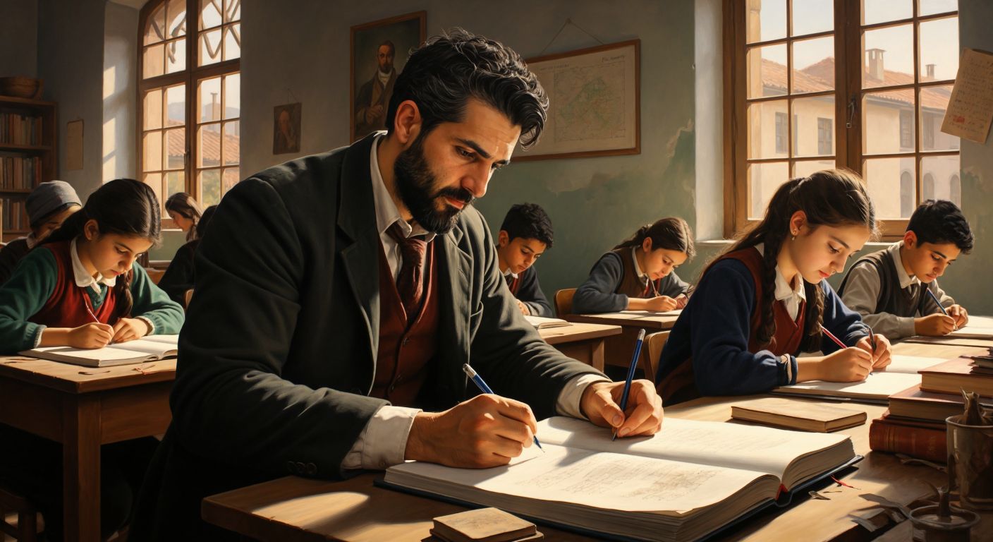 A focused Turkish teacher in a classroom, writing a daily lesson plan on a notebook while students work quietly at their desks.