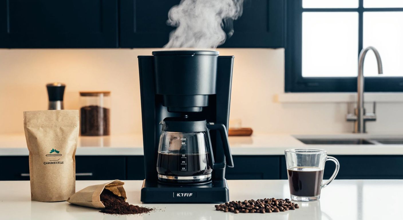 A modern Turkish kitchen with a sleek Kef Filtronist coffee machine on the counter, steam rising from a glass carafe as freshly brewed coffee drips into it, surrounded by a bag of medium-ground coffee beans and a folded paper filter.