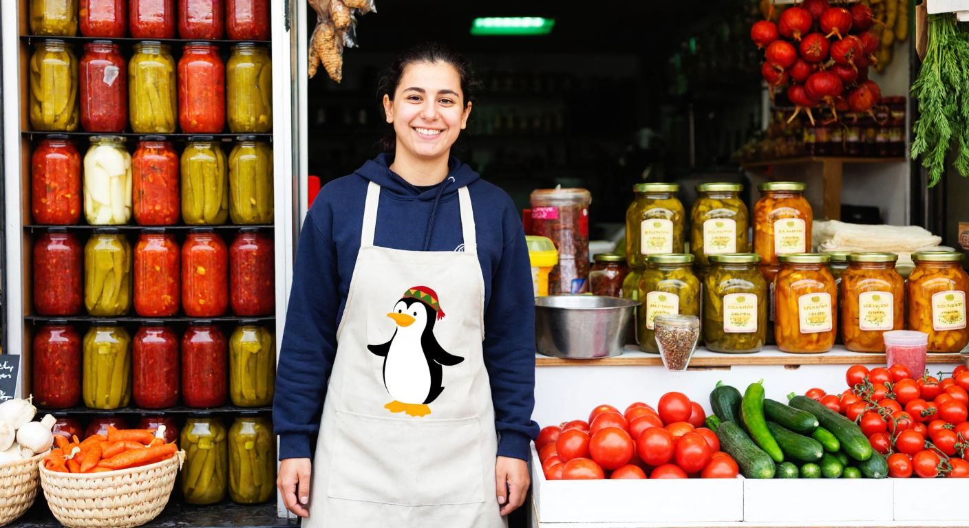 A cheerful Turkish market stall displaying colorful jars of pickles, with a smiling vendor wearing an apron featuring a penguin logo, surrounded by fresh vegetables and spices.