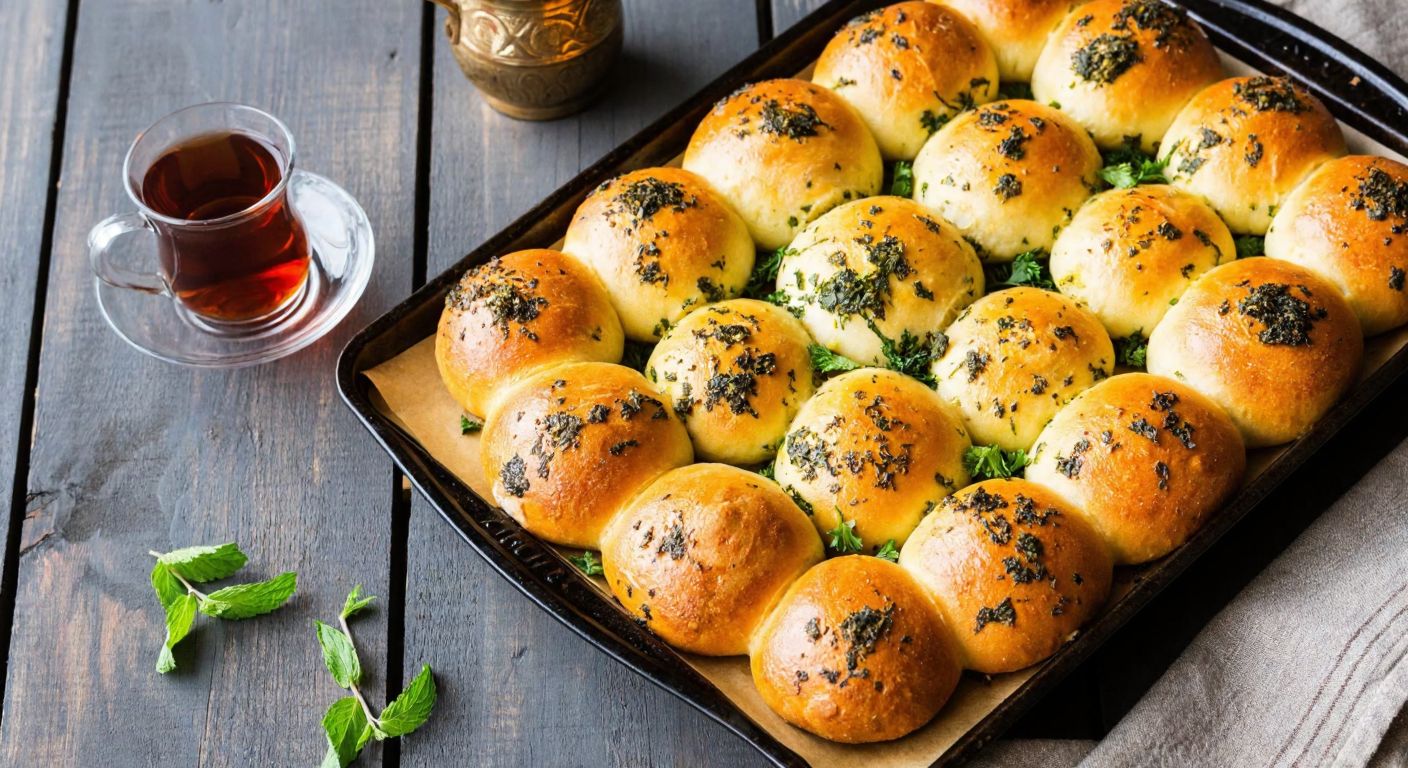A golden-brown tray of freshly baked *otlu poğaça* with chopped green herbs (dill, parsley, and mint) scattered on top, resting on a rustic wooden table with a traditional Turkish tea glass nearby.
