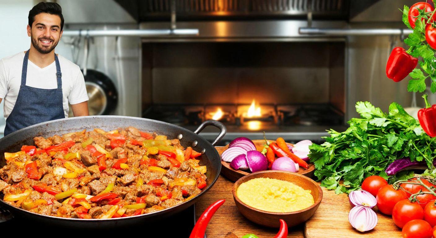 A vibrant Turkish kitchen scene with a sizzling pan of köylü sote—tender meat and colorful vegetables—being prepared by a smiling cook in an apron, surrounded by fresh ingredients and the warm glow of a stove.