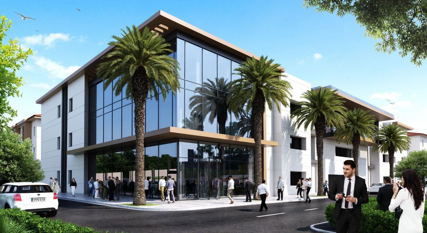 A modern spa building with a sleek glass facade, nestled in a bustling neighborhood of Atakum, Samsun, with palm trees lining the sidewalk and people in business attire entering the entrance.