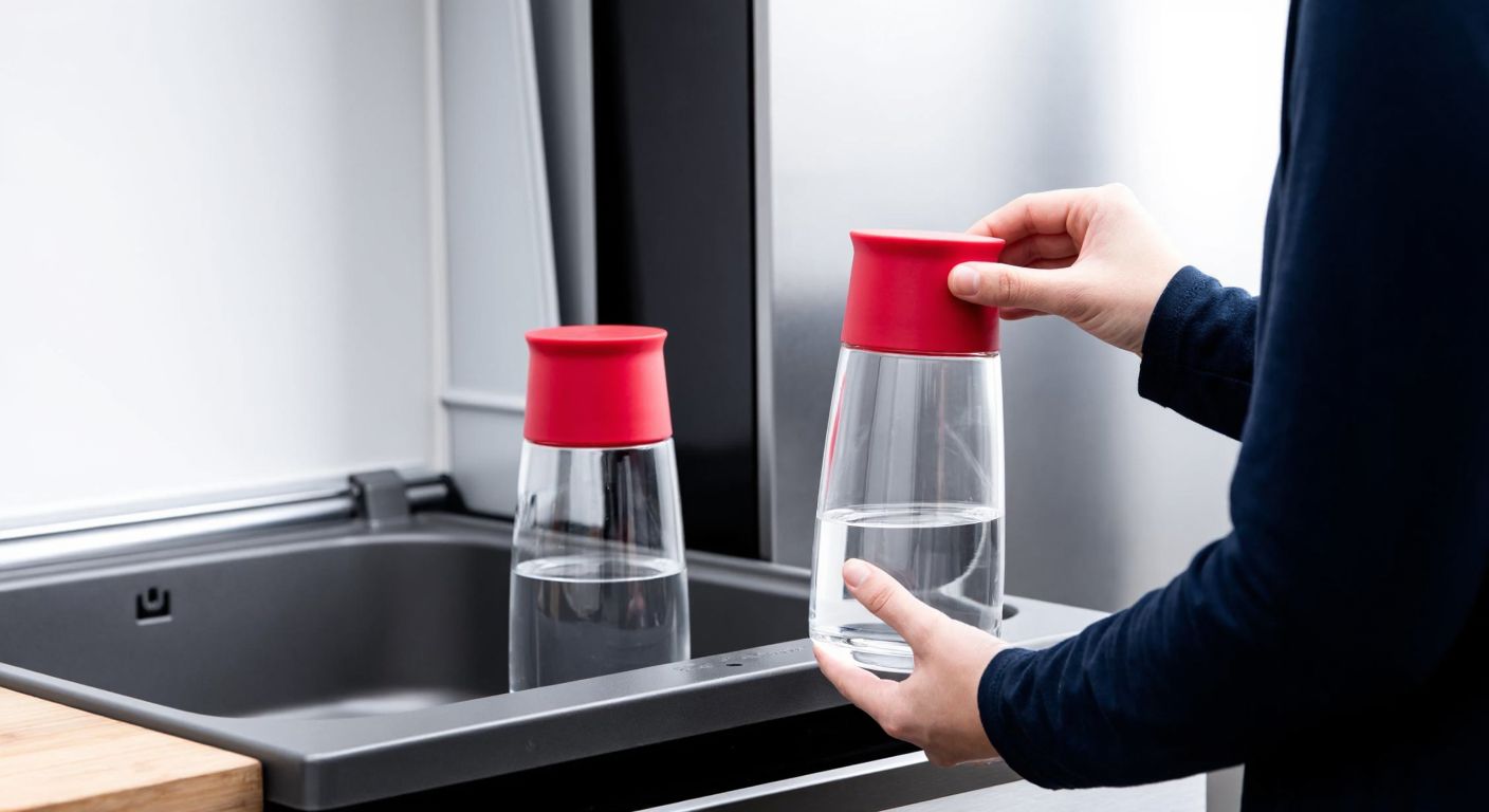 A sleek, modern Paşabahçe Space glass water set with vibrant red lids sits beside a dishwasher, with a person carefully inspecting the manufacturer's instructions while holding one glass.