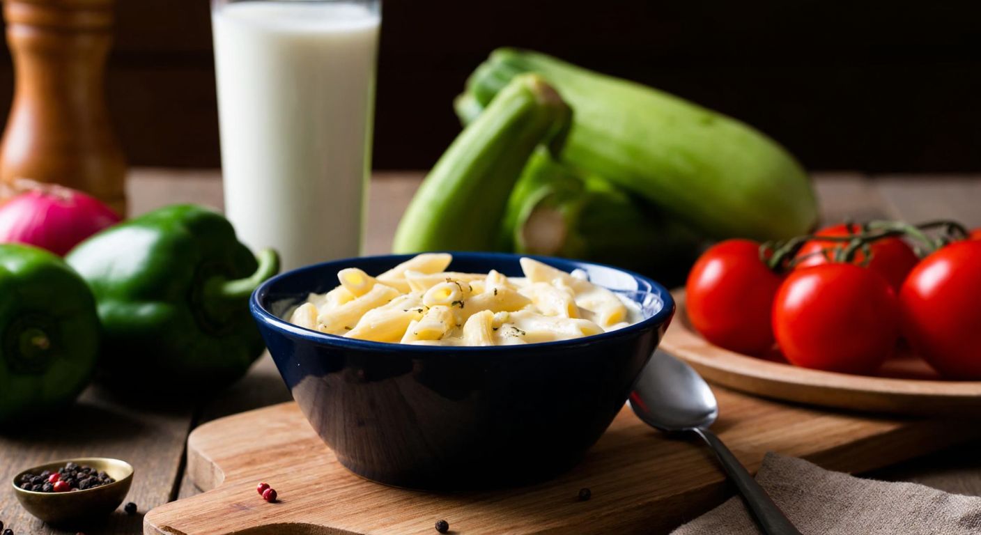 A warm bowl of creamy milk pasta sits on a wooden table in a Turkish kitchen, surrounded by fresh vegetables and a glass of milk, evoking comfort and nourishment.
