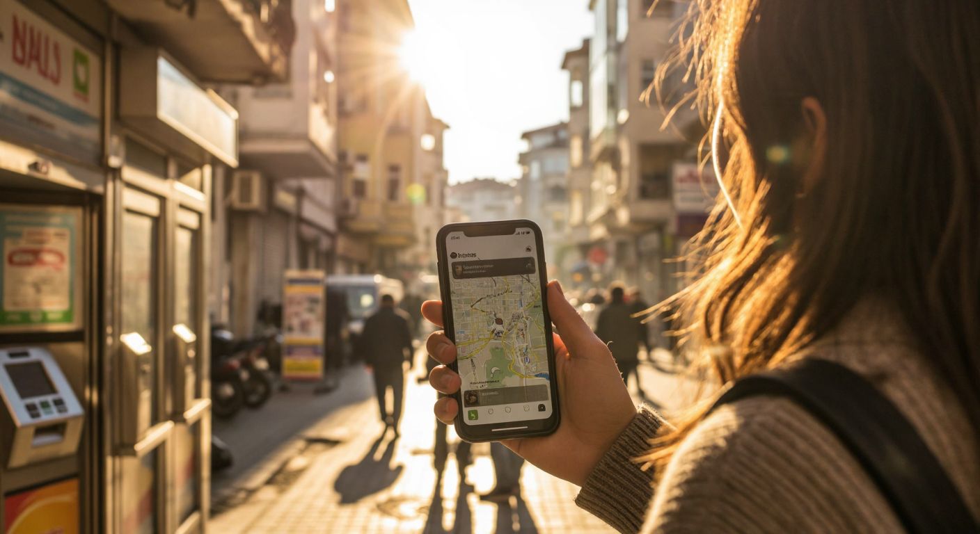 A person in a Turkish city street holding a smartphone with a map app open, looking around curiously at nearby ATMs under a bright sun.