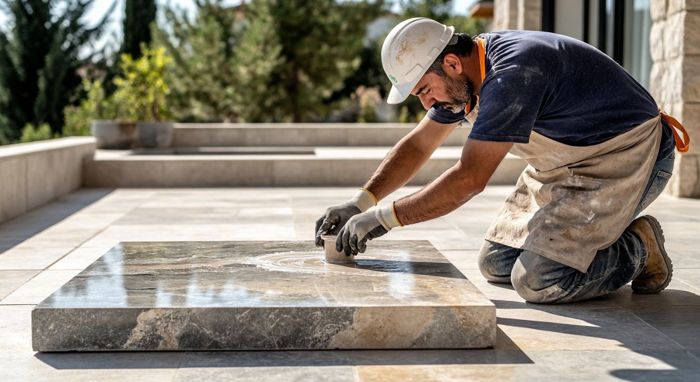 A Turkish construction worker in a dusty apron carefully applies epoxy-based adhesive to a large, textured stone slab on a sunlit outdoor patio.