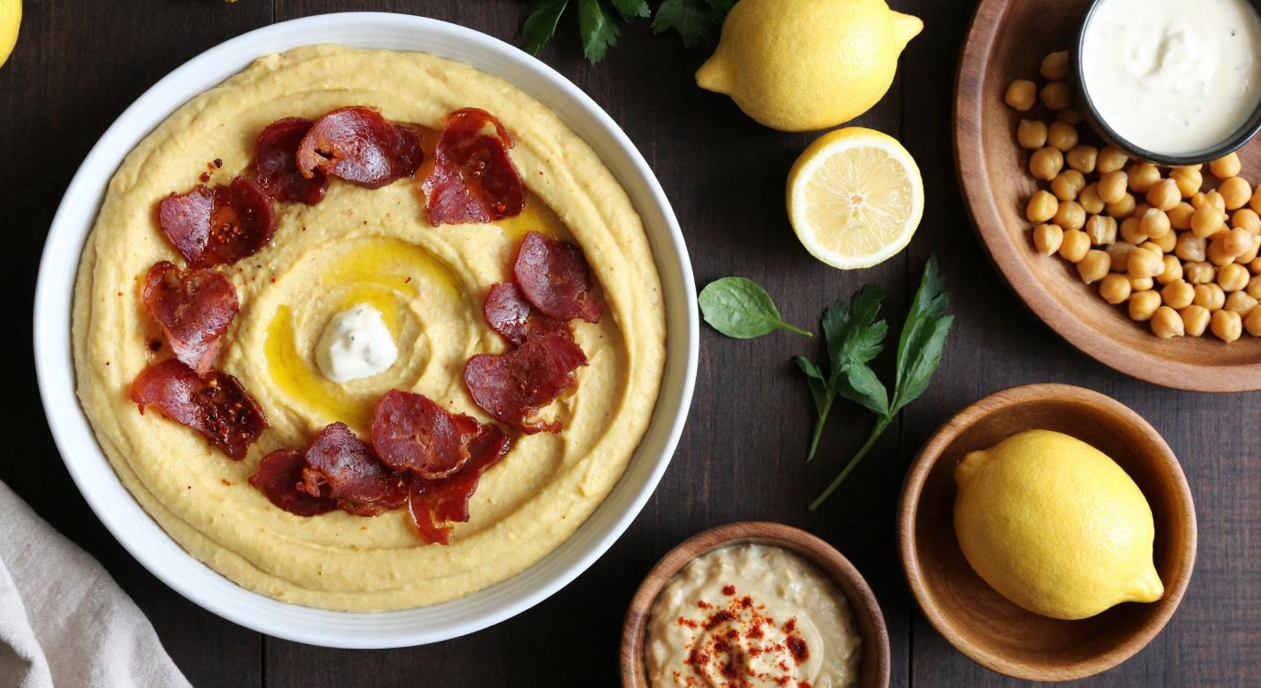 A rustic Turkish kitchen with a wooden table displaying a golden-brown hummus topped with crispy pastırma slices, drizzled with melted butter and sprinkled with red pepper flakes, surrounded by fresh lemons, chickpeas, and a bowl of tahini.