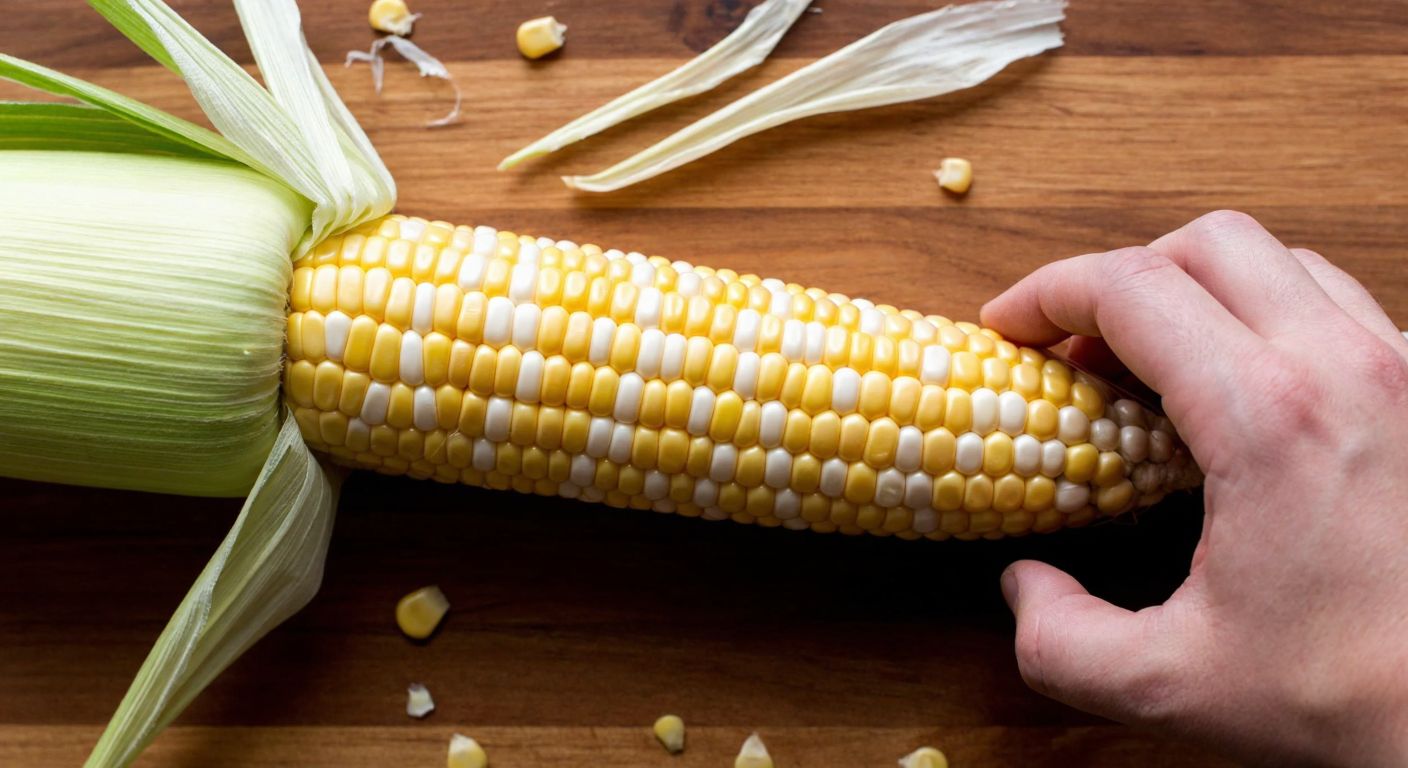 A close-up of a fresh corn cob with golden kernels on a wooden table, surrounded by scattered husks and silk, with a hand gently pushing it aside to emphasize its inedibility.