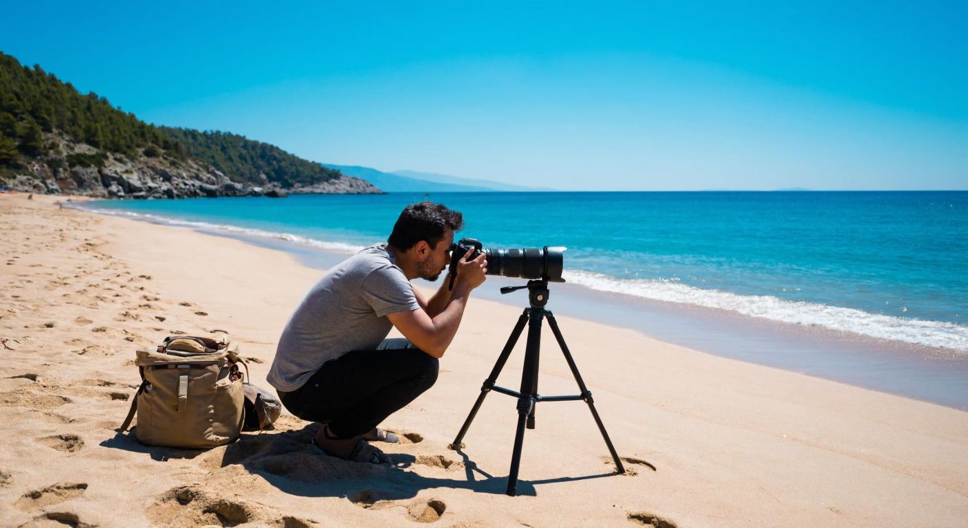 A photographer crouched on a sunlit Turkish beach, adjusting a wide-angle lens on their camera while framing the vast turquoise sea and golden sand in the background.