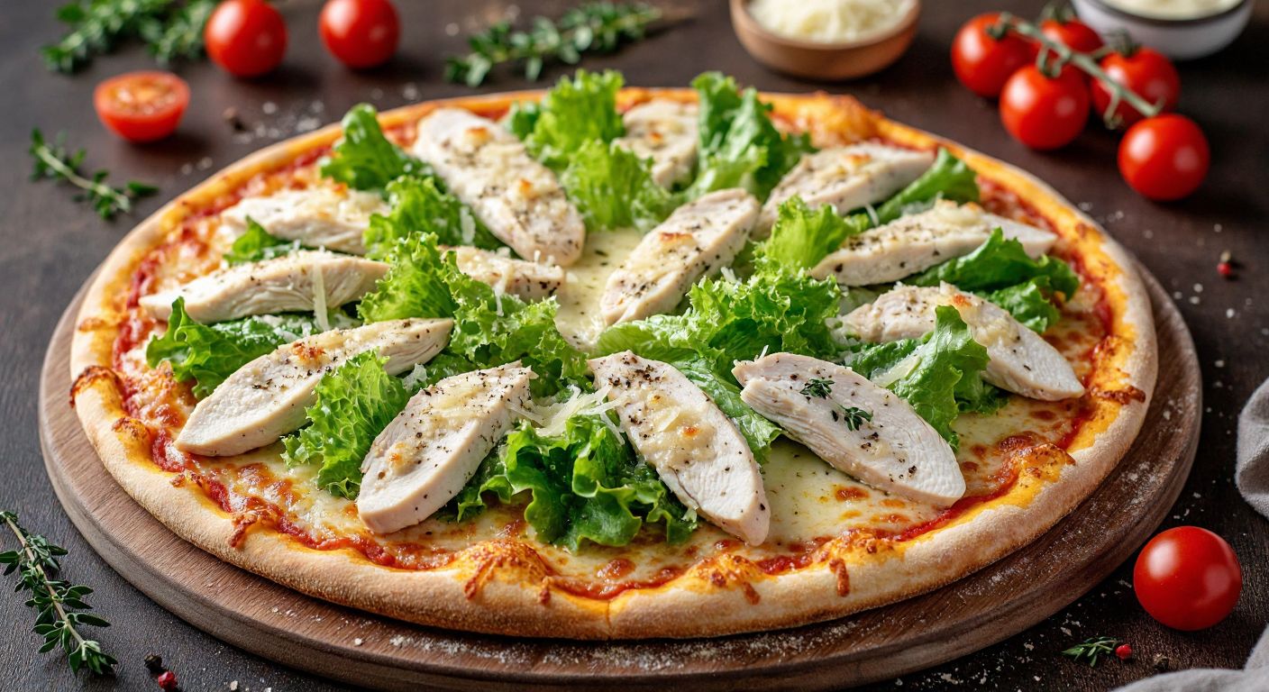A golden, garlicky cream sauce spread over a crispy pizza crust, topped with shredded chicken breast, grated parmesan cheese, fresh lettuce leaves, and crunchy breadcrumbs, with cherry tomatoes and thyme scattered around.