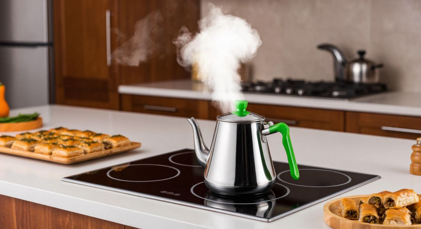 A gleaming stainless steel teapot set with a green bakelite handle sits on a modern induction stovetop, steam rising from its spout in a cozy Turkish kitchen with warm wooden cabinets and a tray of baklava nearby.