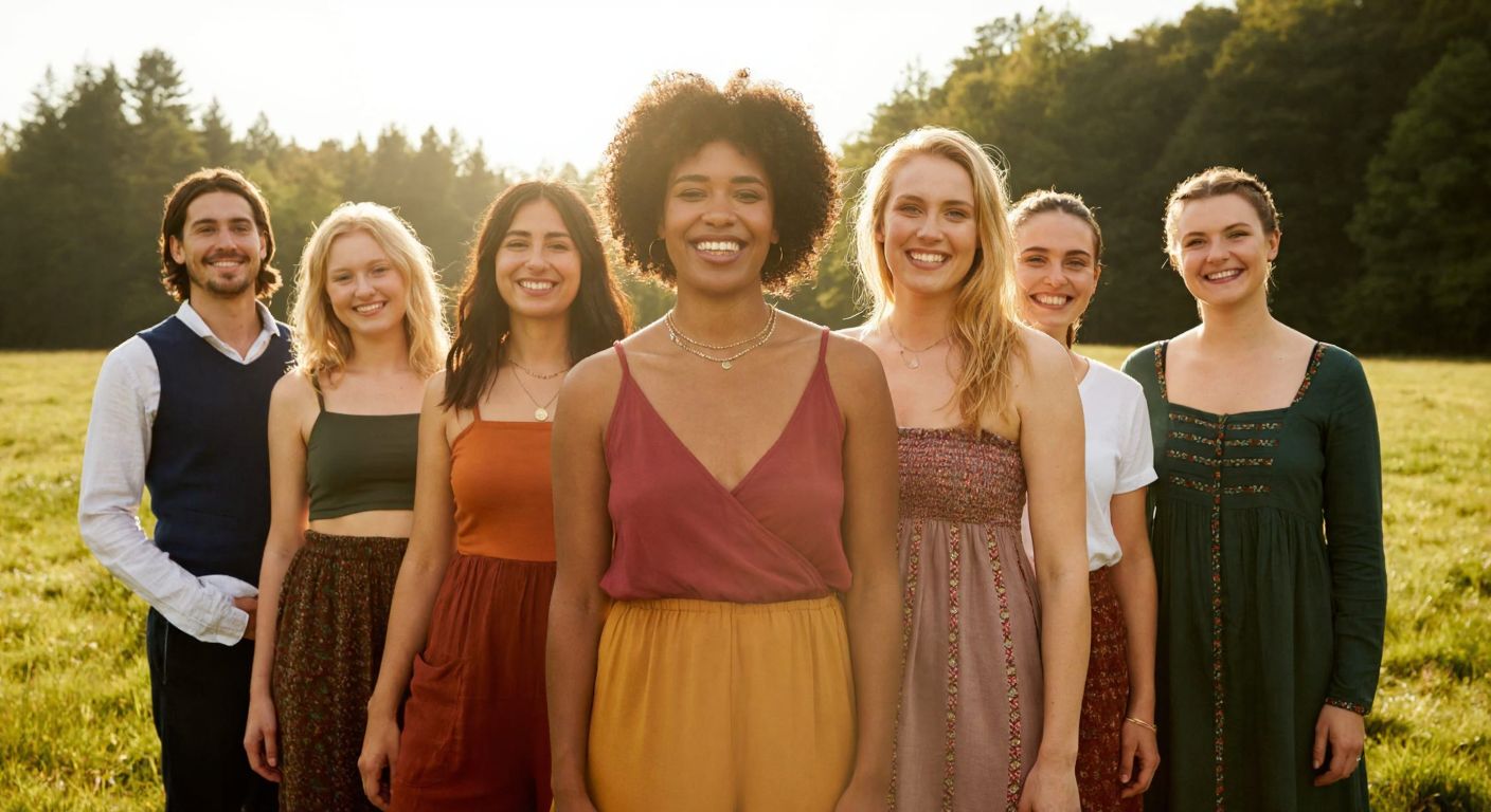 A vibrant, multicultural group of smiling people wearing unique, handcrafted clothing made from organic fabrics, standing in a sunlit meadow with a mix of modern and traditional patterns.