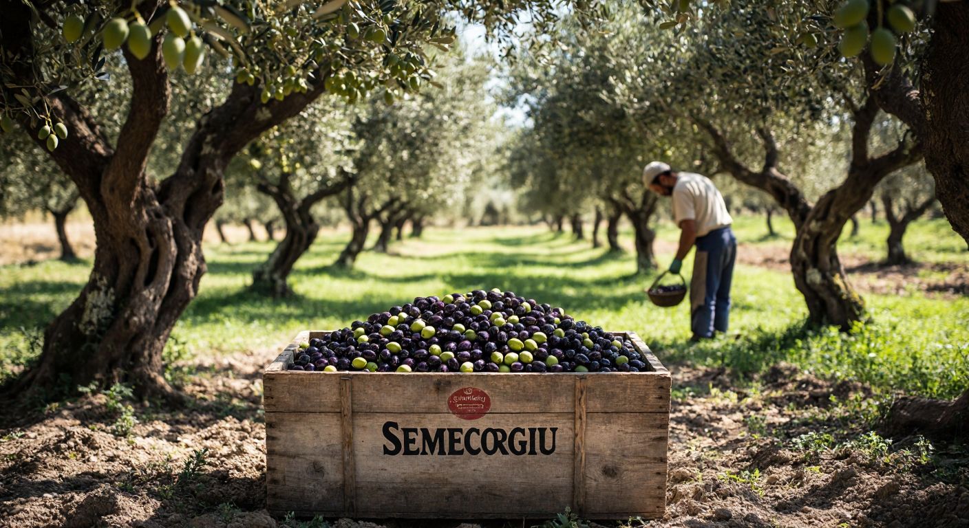 A sunlit olive grove in Turkey’s Kaz Dağları, with gnarled trees heavy with ripe olives, and a weathered wooden crate labeled "Semercioğlu" filled with glossy black and green olives, surrounded by generations of a Turkish family—elders in traditional aprons and younger members in modern workwear—tending to the harvest with pride.