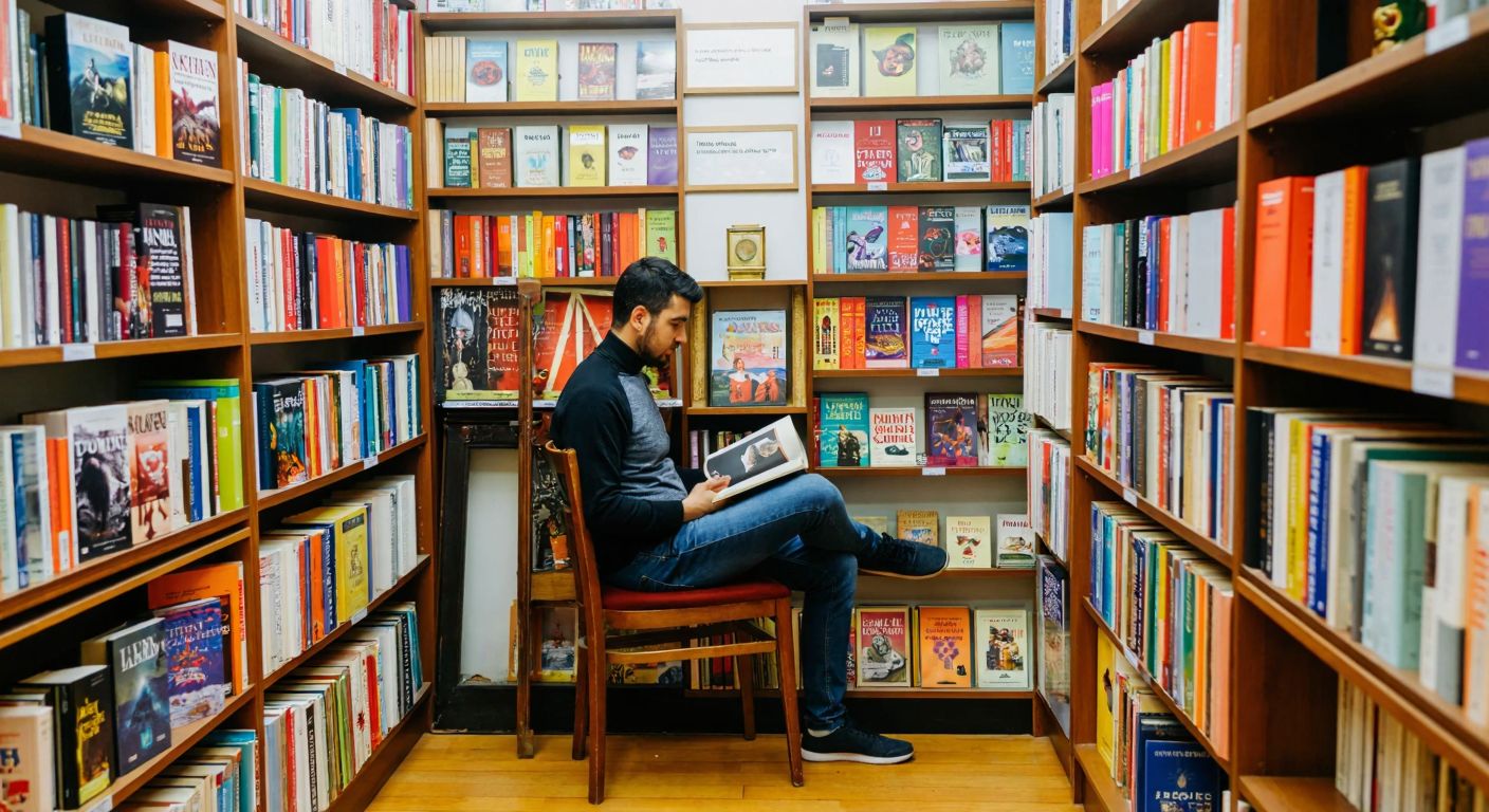 A cozy Turkish bookstore with shelves filled with colorful İthaki Yayınları book series, including sci-fi classics like "Dune" and Turkish literature, as a curious reader browses thoughtfully.
