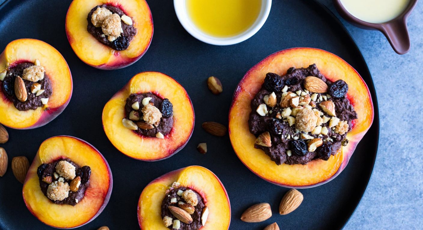 A rustic Turkish kitchen table with halved peaches filled with a rich mixture of chocolate, almonds, and dried fruits, drizzled with melted butter, alongside a bowl of crushed acıbadem cookies and a small pitcher of lemon juice.