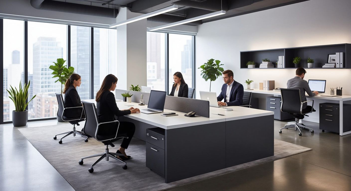 A sleek, modern office desk with three distinct workstations, each separated by low dividers, where three professionals in business attire focus on their tasks in a bright, organized workspace.