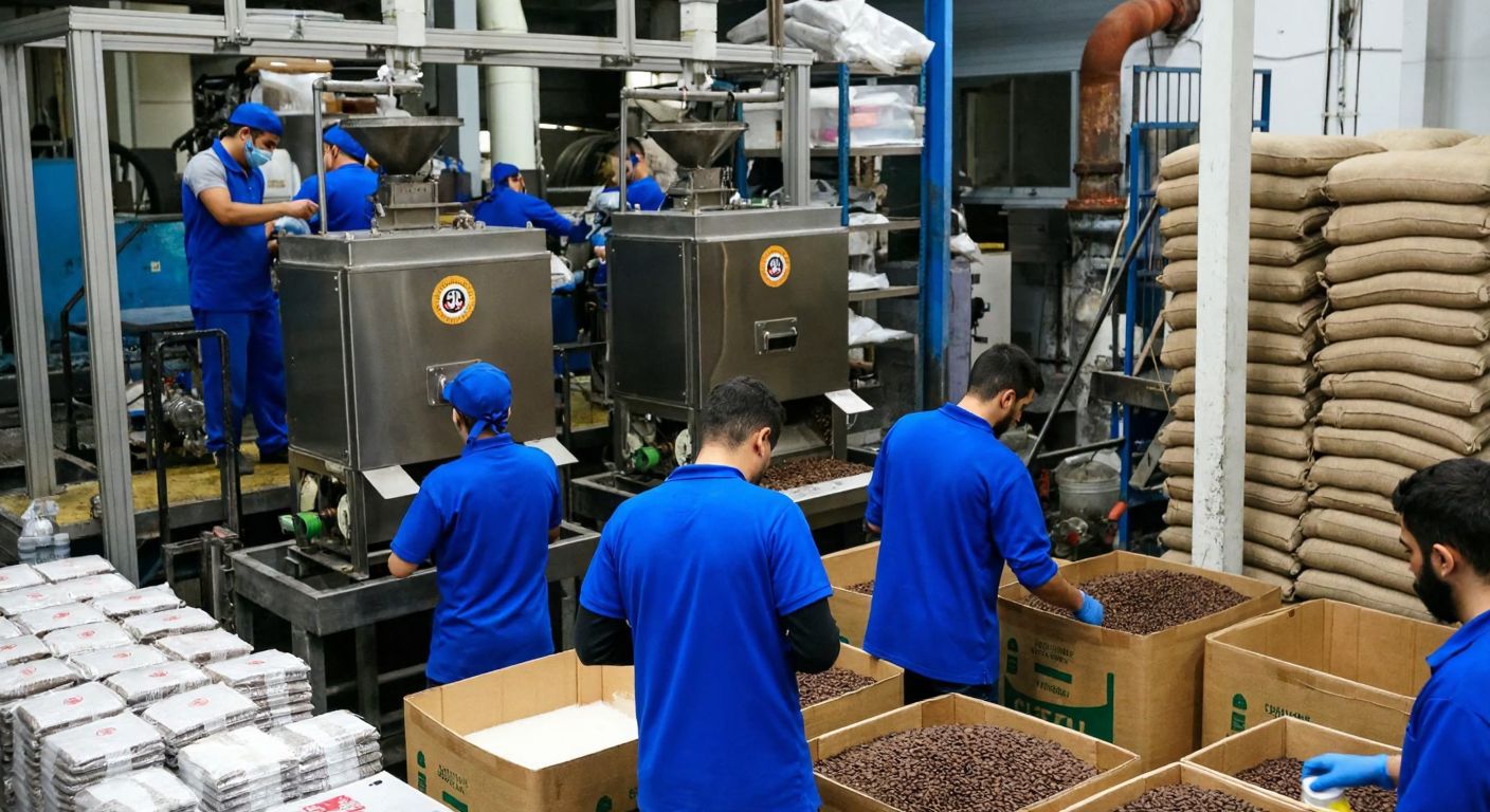 A bustling coffee factory in Güngören, Istanbul, with workers in blue uniforms packaging aromatic espresso beans, surrounded by industrial machinery and stacks of coffee sacks.