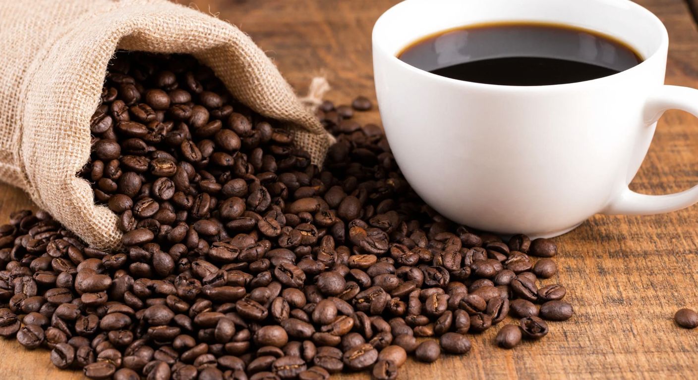 A close-up of dark roasted coffee beans spilling from a burlap sack onto a rustic wooden table, with a steaming cup of black coffee beside them, evoking a rich, slightly bitter aroma.