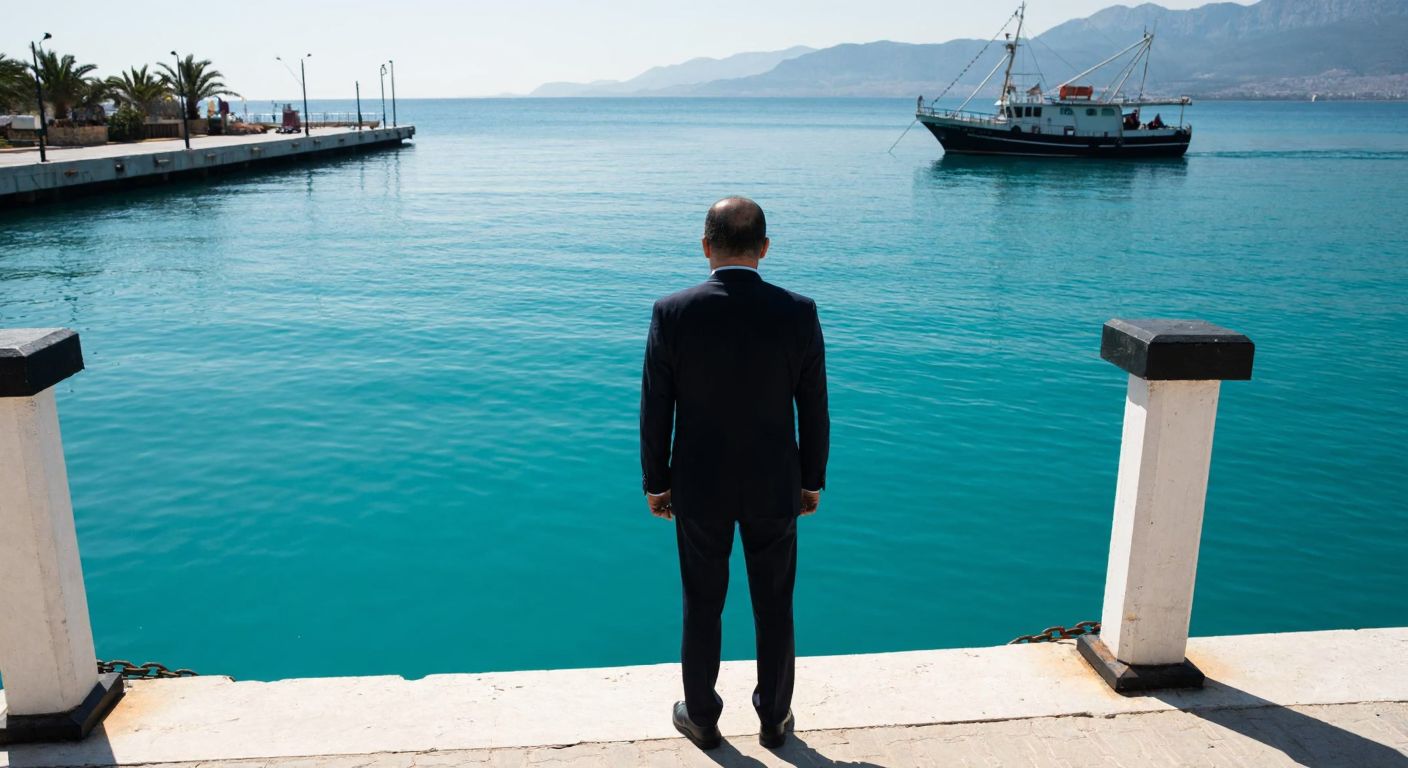 A solemn Turkish businessman in a dark suit stands on a sunlit Antalya dock, gazing at a calm turquoise sea with a distant fishing boat, symbolizing Ali Bahar's leadership and tragic accident.