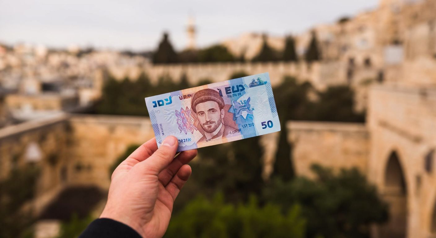 A hand holding a crisp Israeli new shekel banknote against a blurred background of Jerusalem's stone architecture.