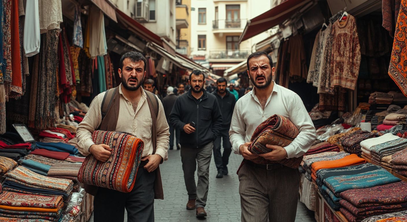 Two stern-faced merchants in a bustling Turkish bazaar angrily pushing away each other's goods—one holding local textiles, the other foreign electronics—while a scale between them tips unevenly.