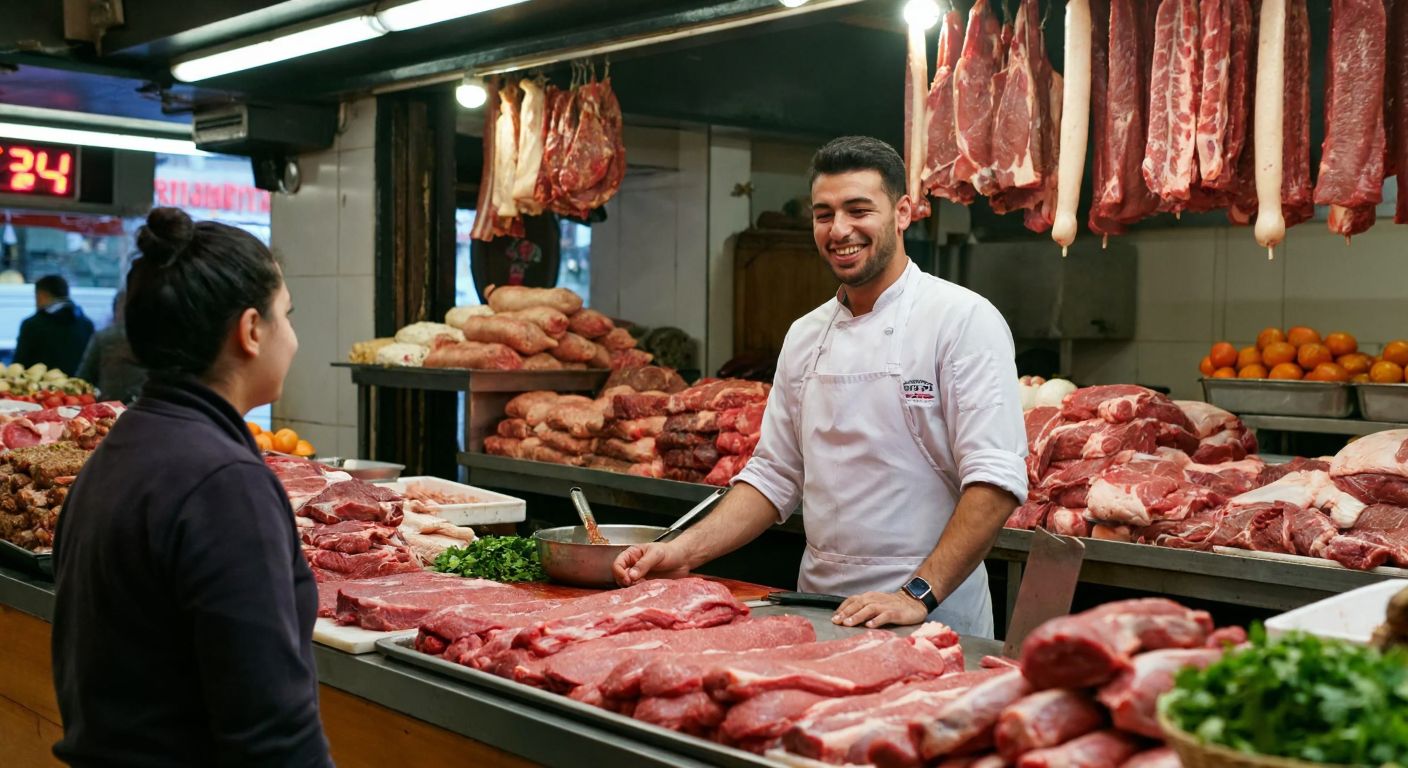A cheerful butcher in a white apron stands behind a counter filled with fresh cuts of meat and kebabs in a bustling Istanbul shop, smiling and shaking his head politely at a customer.