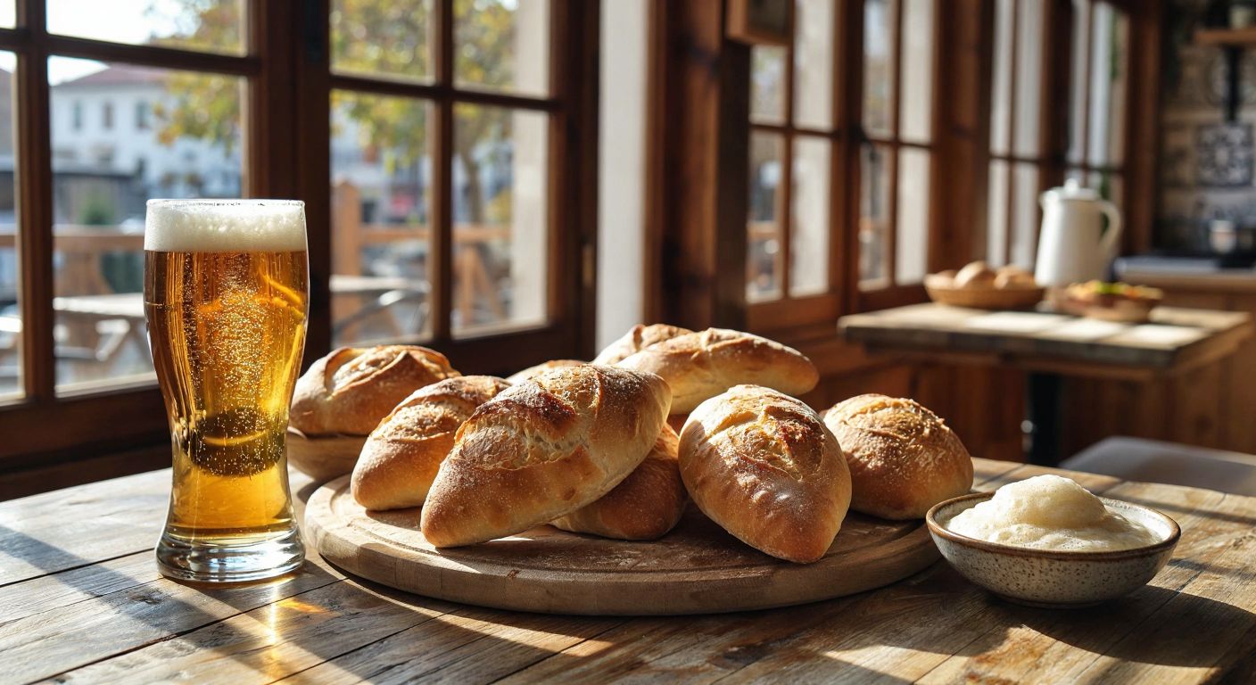 A warm Turkish kitchen with golden-brown loaves of freshly baked bread rising on a wooden table, a glass of frothy homemade beer beside them, and a small bowl of active yeast bubbling softly in the sunlight.