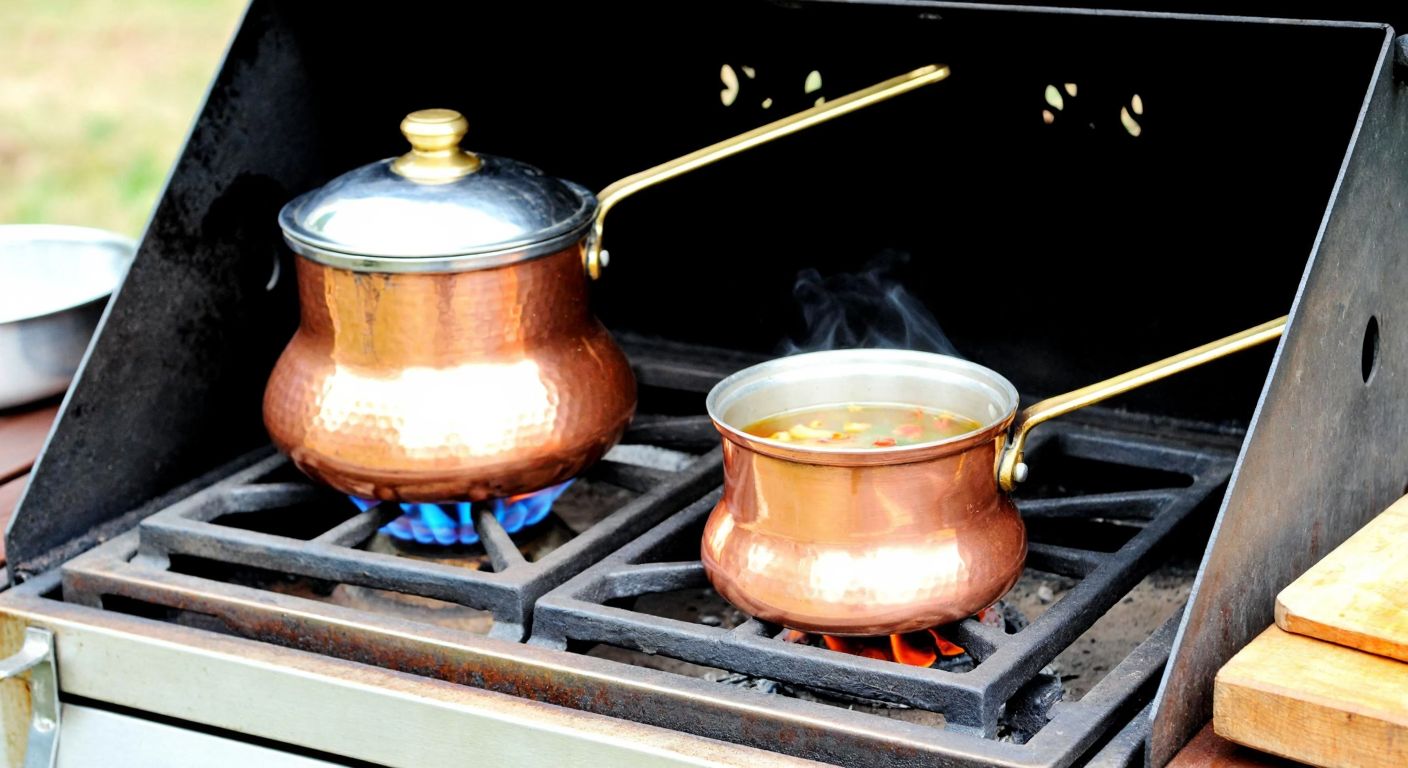 A gleaming copper *kaçerola* pot sits on a traditional Turkish gas stove, with a blue flame flickering beneath it, while a second pot rests on a rustic outdoor barbecue grill with glowing embers.