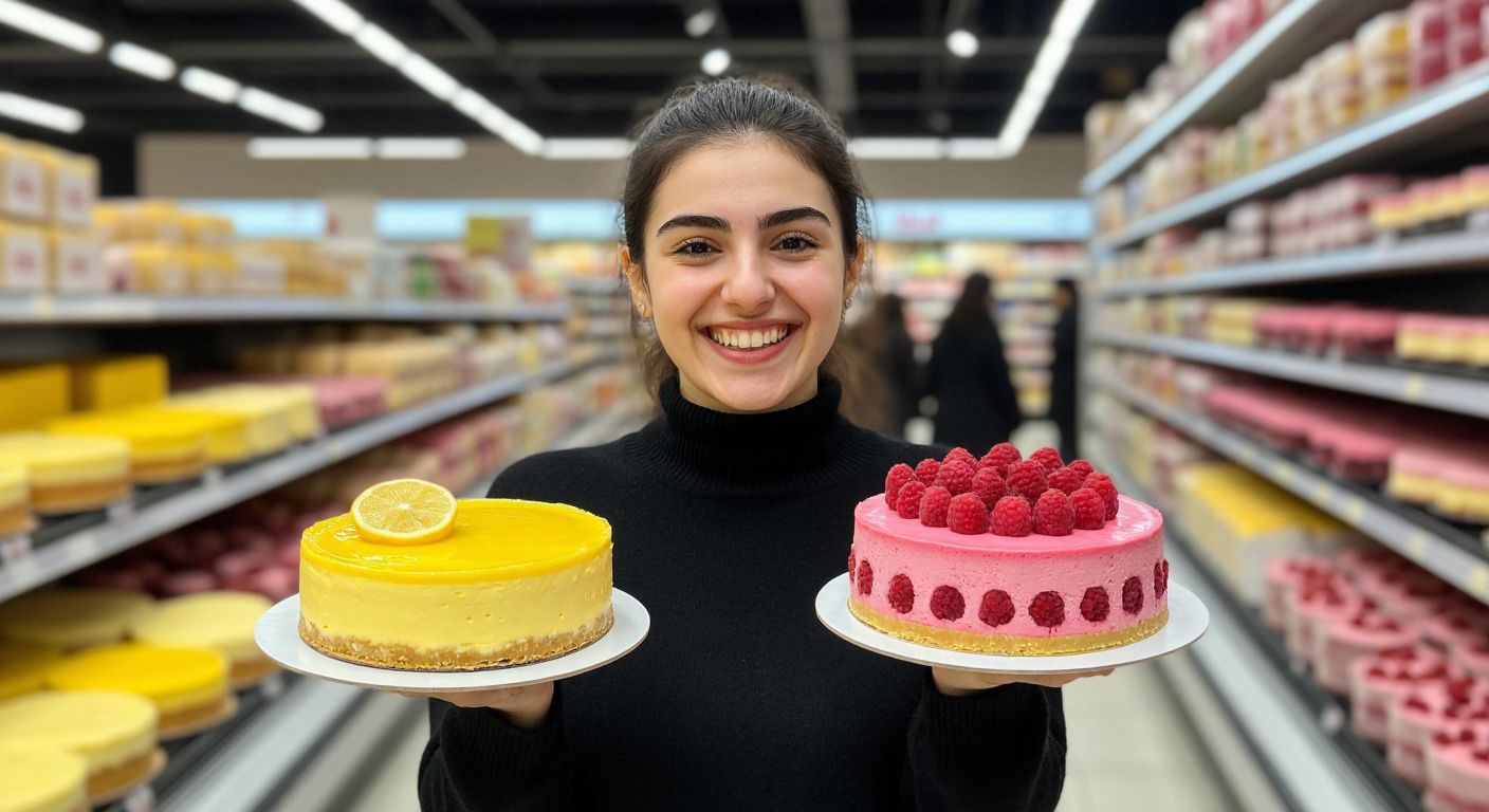 A cheerful Turkish shopper in a BİM supermarket holds a bright yellow lemon cheesecake and a pink raspberry cheesecake, smiling with delight.