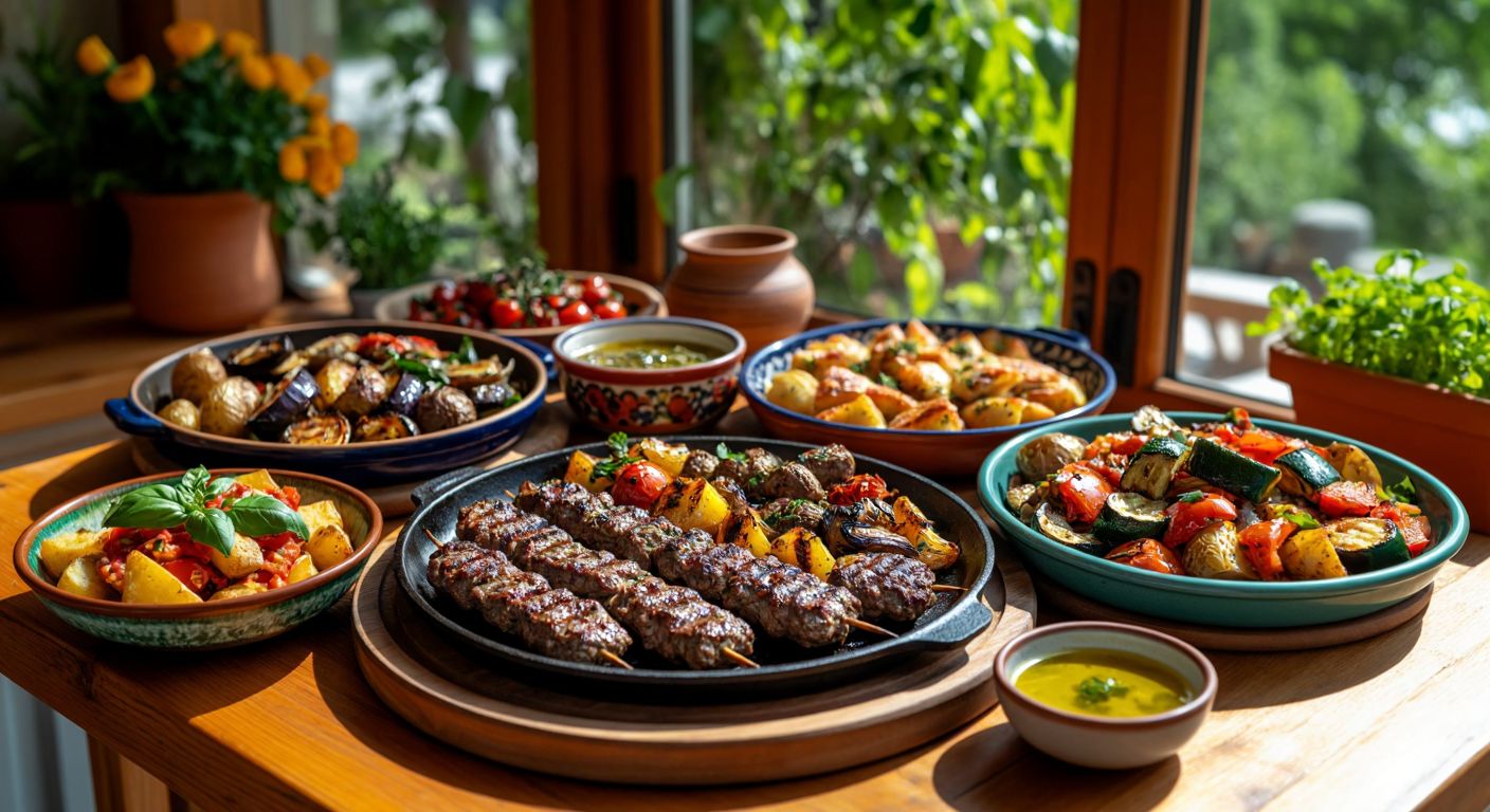 A vibrant wooden table in a sunlit Turkish kitchen, laden with a sizzling mixed grill platter (lamb chops, skewered chicken, and köfte), a colorful ceramic dish of roasted vegetables (eggplant, zucchini, and potatoes), golden flaky börek, a bowl of olive oil-drizzled imam bayıldı, and a steaming plate of basil-infused pasta, evoking warmth and abundance.