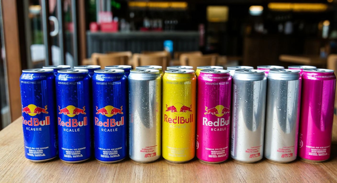 A vibrant display of various Red Bull cans in different colors—classic blue, sugarfree silver, tropical edition yellow, and summer edition pink—arranged neatly on a wooden table in a bustling Turkish café, with condensation glistening on the cold metal surfaces.