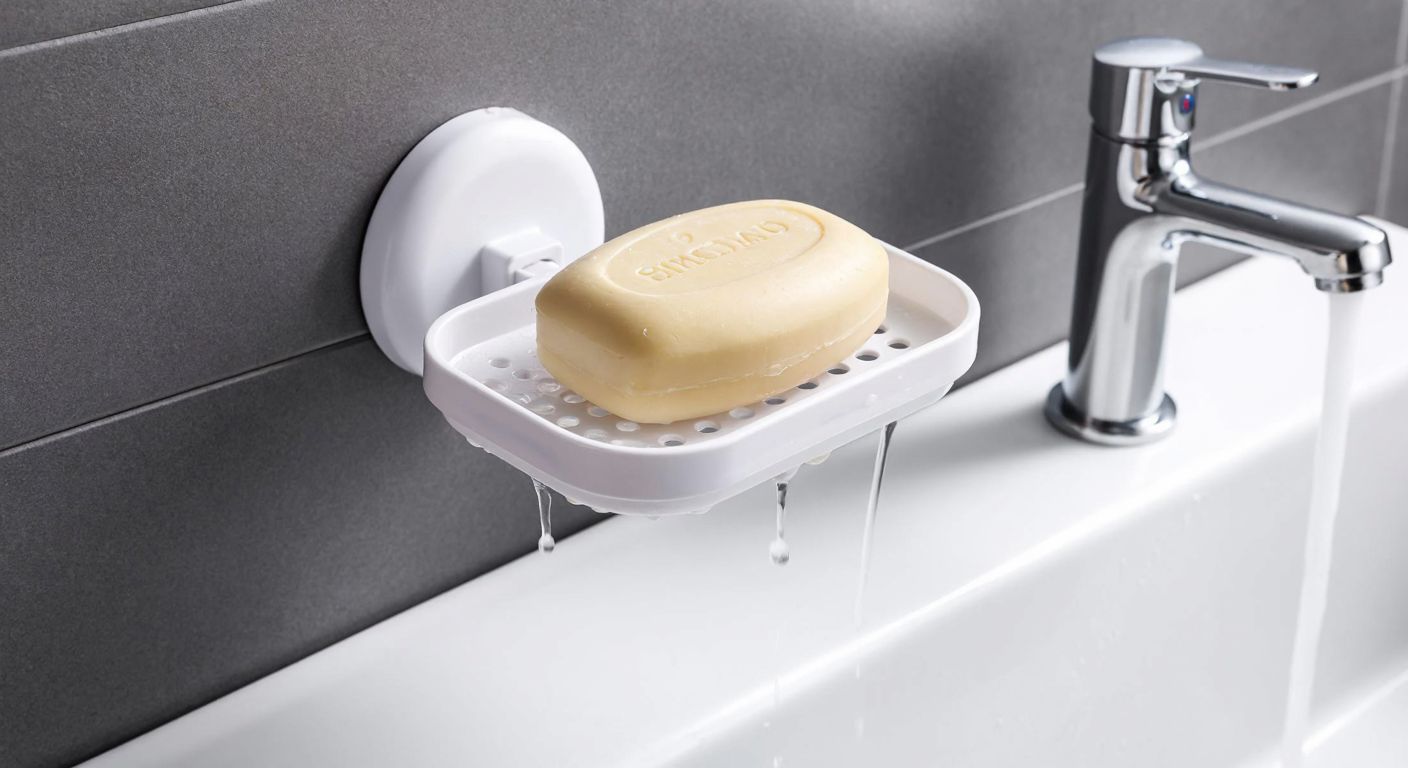 A sleek, white suction-cup soap dish with drainage holes is firmly attached to a smooth, tiled bathroom wall, holding a bar of olive-oil soap while water drips from its base into a modern sink below.